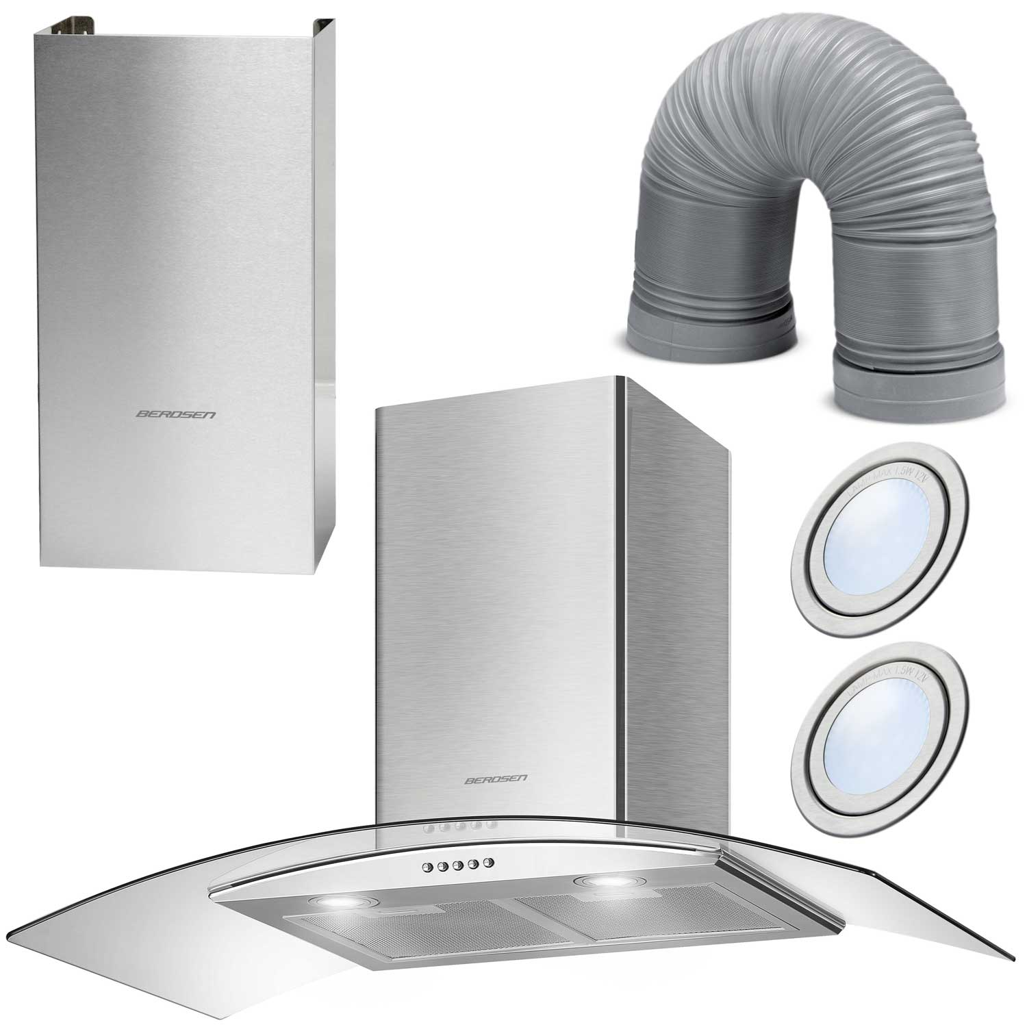 Zestaw okapu BEROSEN ze stali nierdzewnej. Zawiera okap, rurę wentylacyjną, dwa światła i komin.