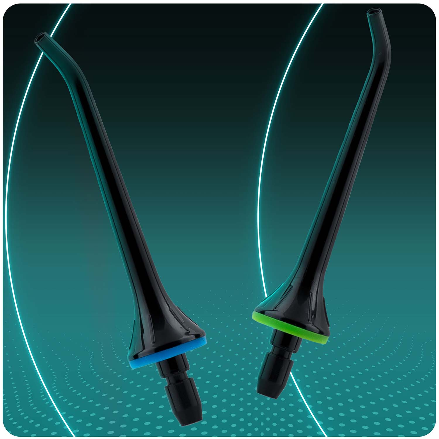 Dwie czarne końcówki dentystyczne. Jedna ma niebieski pierścień, druga zielony. Są na tle gradientu w kolorze morskim.