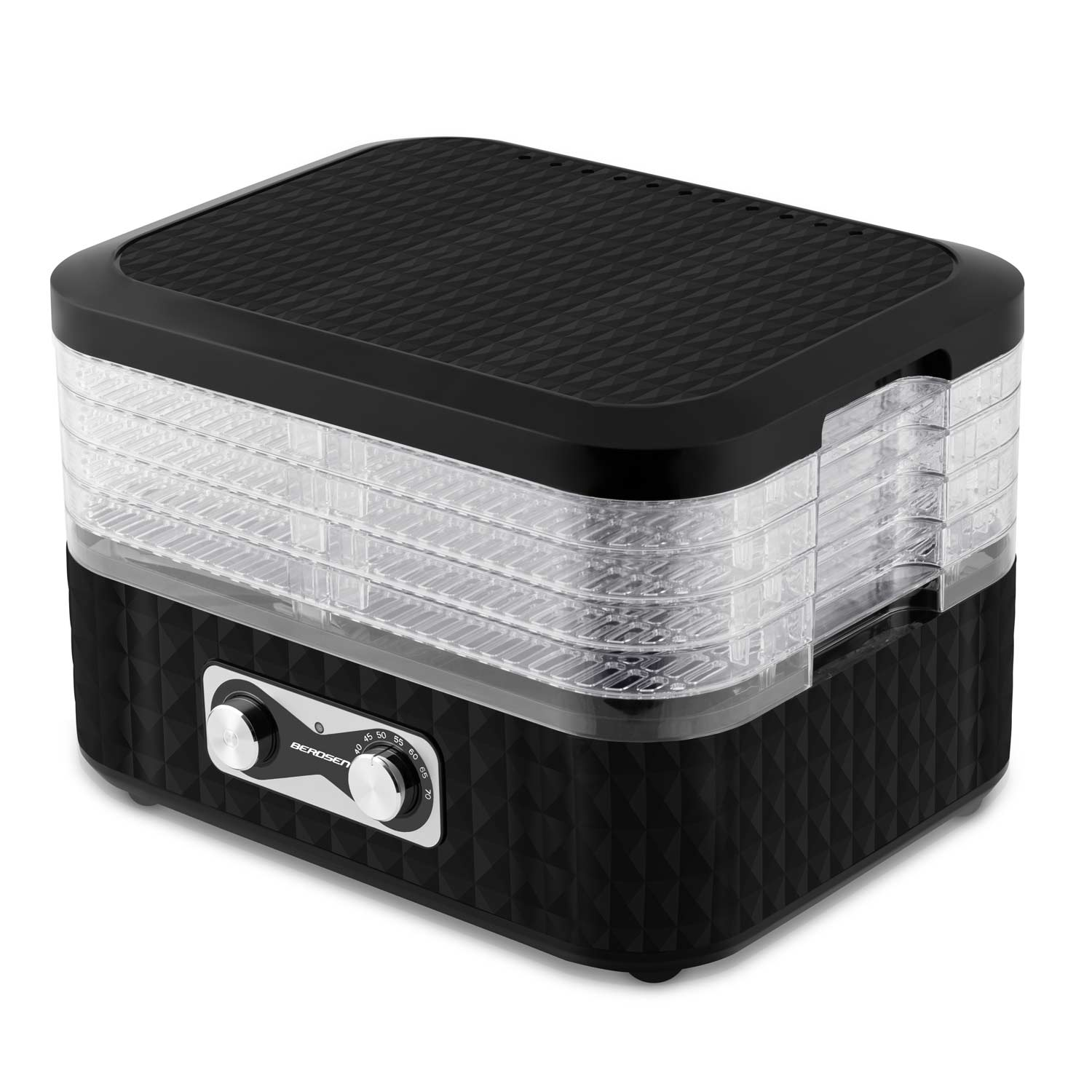 Czarny dehydrator żywności z przezroczystymi tacami. Ma dwa pokrętła i teksturowaną powierzchnię. Widoczna jest nazwa marki Berosen.