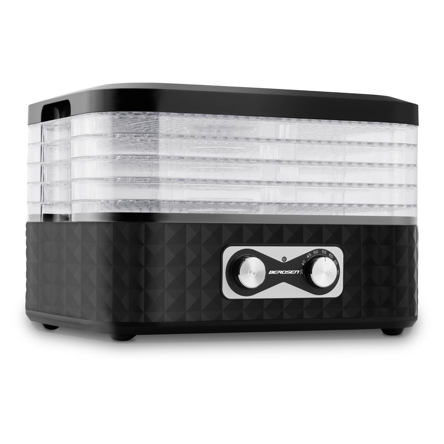 Czarny dehydrator do żywności z przezroczystymi tacami. Posiada panel sterowania z pokrętłami i marką 'Berosen'.
