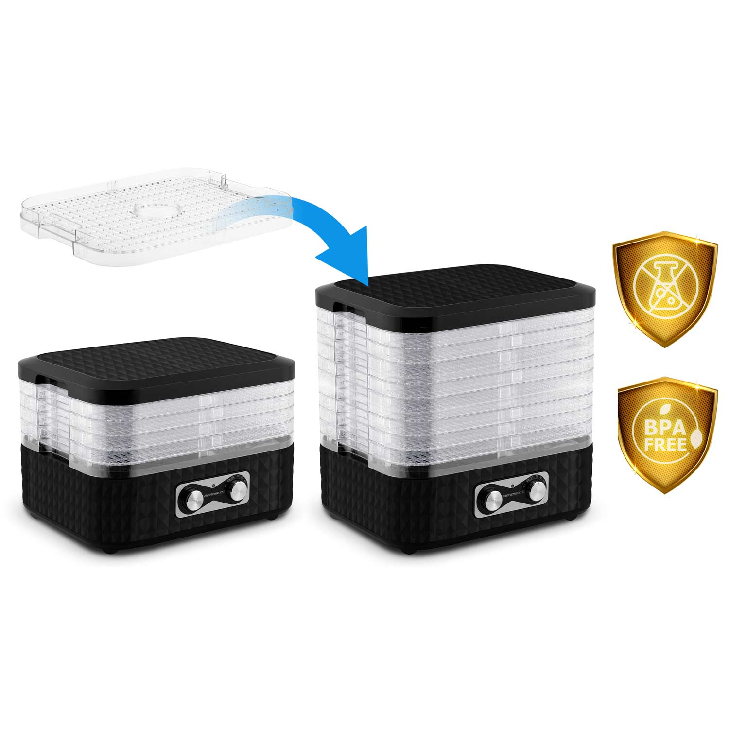 Dwa czarne i przezroczyste dehydratory żywności. Jeden ma nad nim tacę, połączoną niebieską strzałką. Bez BPA i bez uszczelnień chemicznych.