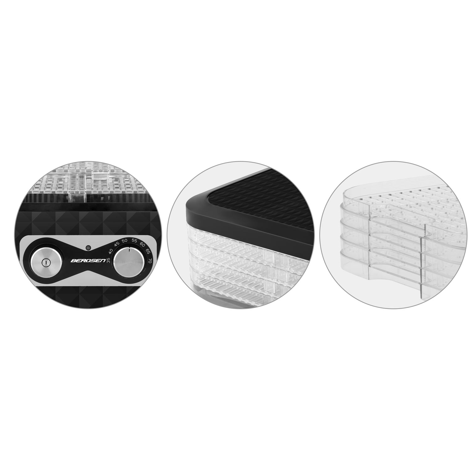 Zbliżenie na suszarkę do żywności. Zawiera pokrętło temperatury z numerami, ułożone w stos przezroczyste tace i czarną pokrywę.