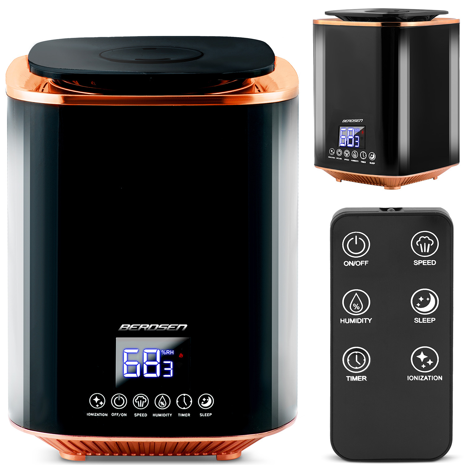 Czarny i miedziany nawilżacz powietrza z cyfrowym wyświetlaczem 68% wilgotności i pilotem z ikonami funkcji.