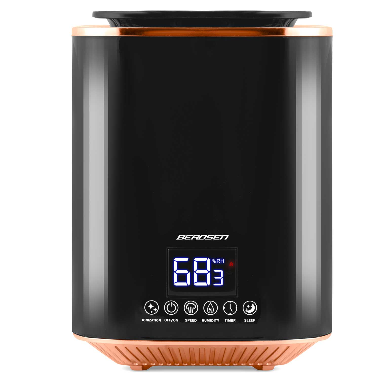 Czarny i różowo-złoty nawilżacz z cyfrowym wyświetlaczem pokazującym 68% wilgotności. Przyciski funkcji takich jak jonizacja i timer.