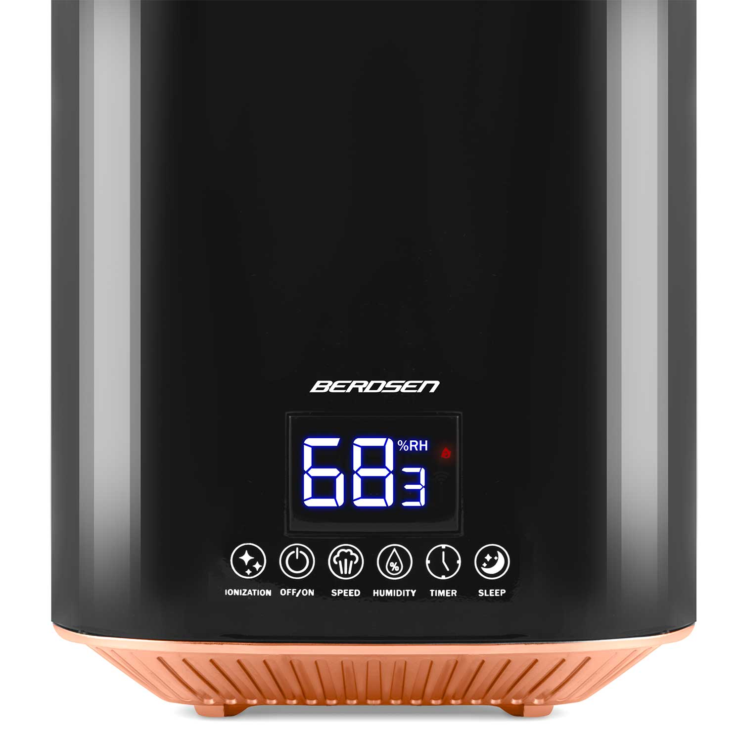 Czarny nawilżacz powietrza z cyfrowym wyświetlaczem pokazuje 68% wilgotności. Sterowanie: jonizacja, włącz/wyłącz, prędkość, wilgotność, timer i uśpienie.
