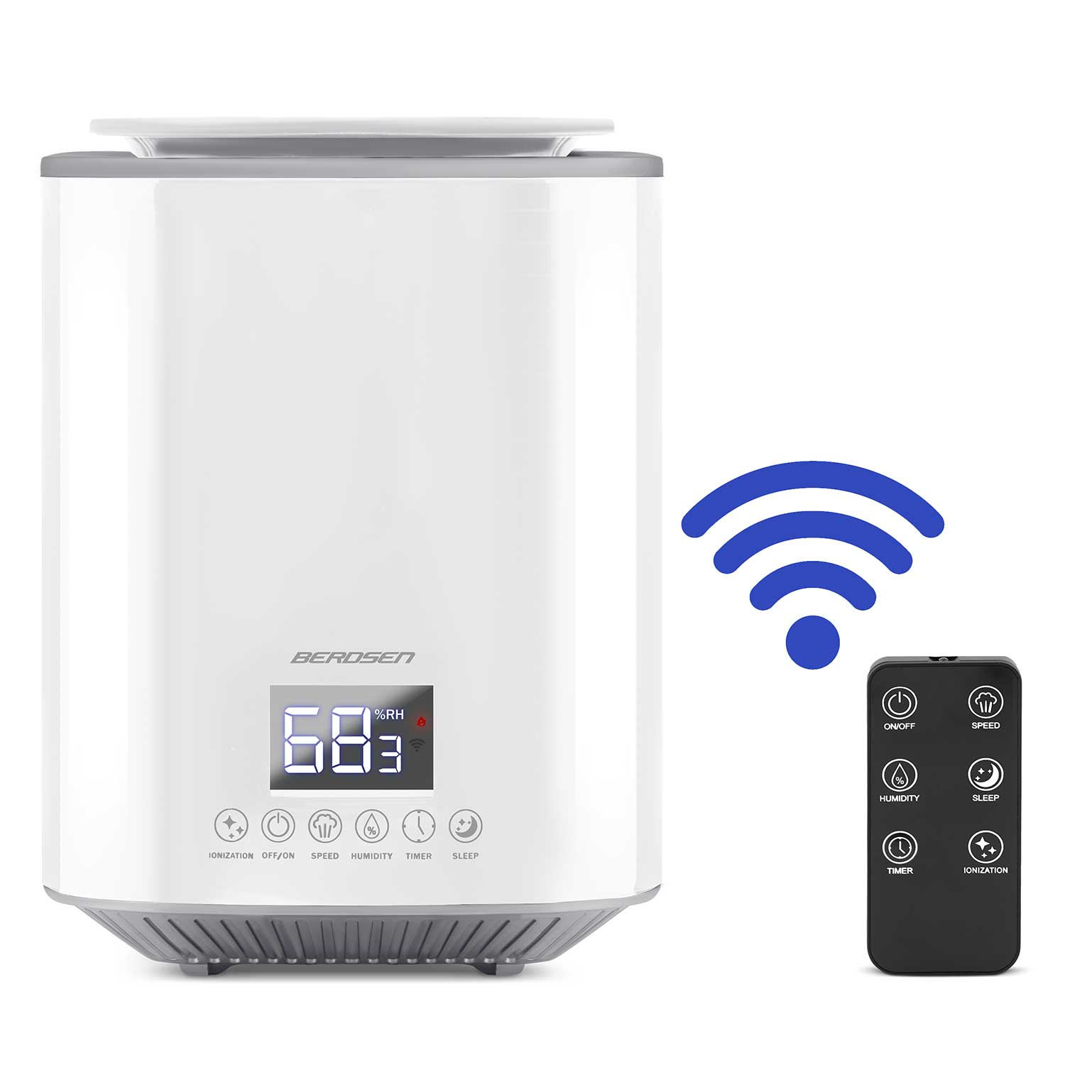 Biały nawilżacz powietrza Berosen z cyfrowym wyświetlaczem 683%RH. Zawiera pilota i symbol Wi-Fi.