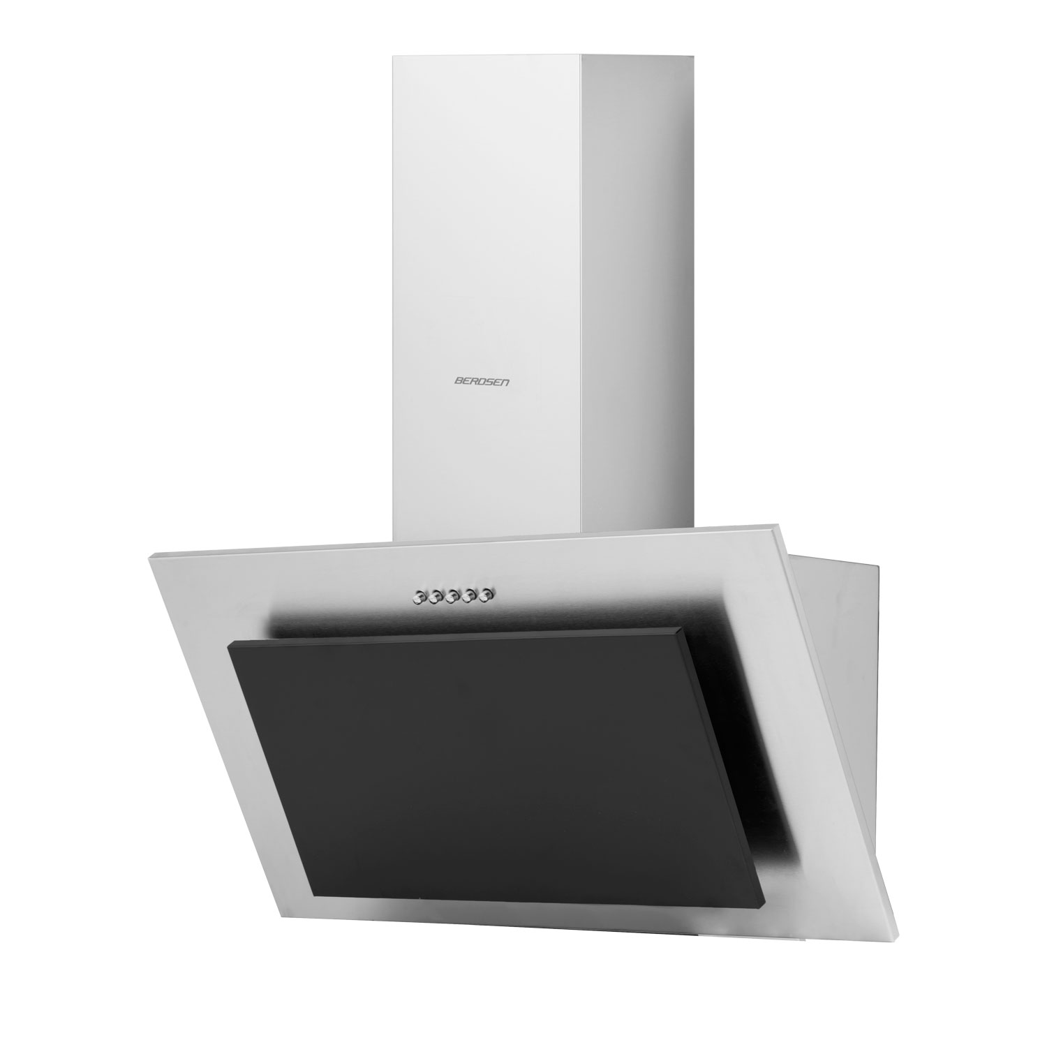 Okap ze stali nierdzewnej i czarny. Nazwa marki BEROSEN jest widoczna w górnej części.