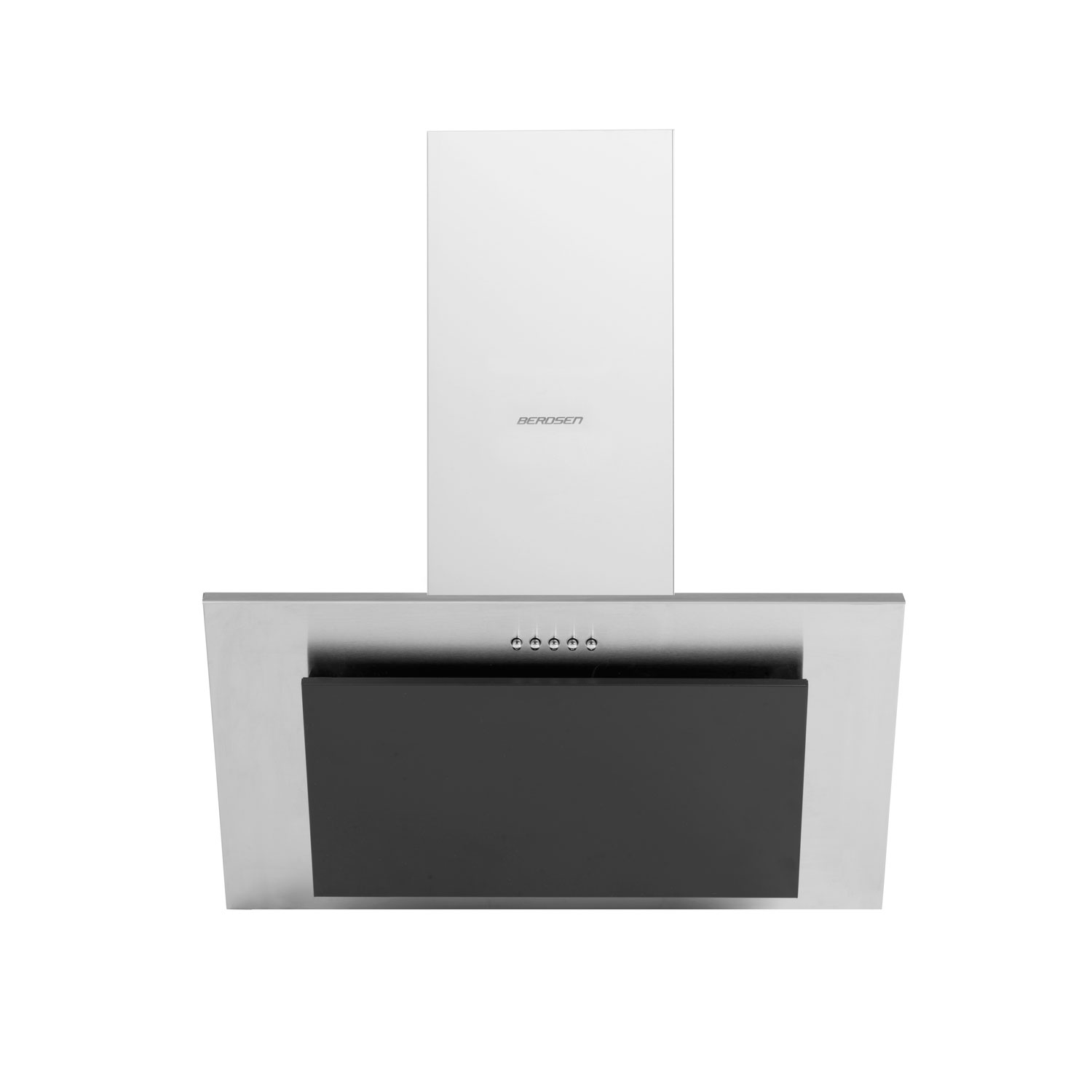 Biały okap kuchenny BEROSEN z czarnym panelem przednim. Ma srebrne wykończenia i małe przyciski sterujące. Tło jest białe.