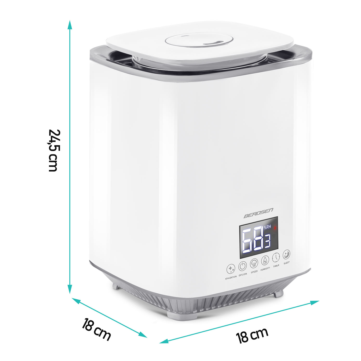 Biały nawilżacz powietrza Berosen z cyfrowym wyświetlaczem wilgotności 68,3%. Wymiary: 18x18x24,5 cm. Srebrne wykończenie i podstawa. Przyciski sterowania.