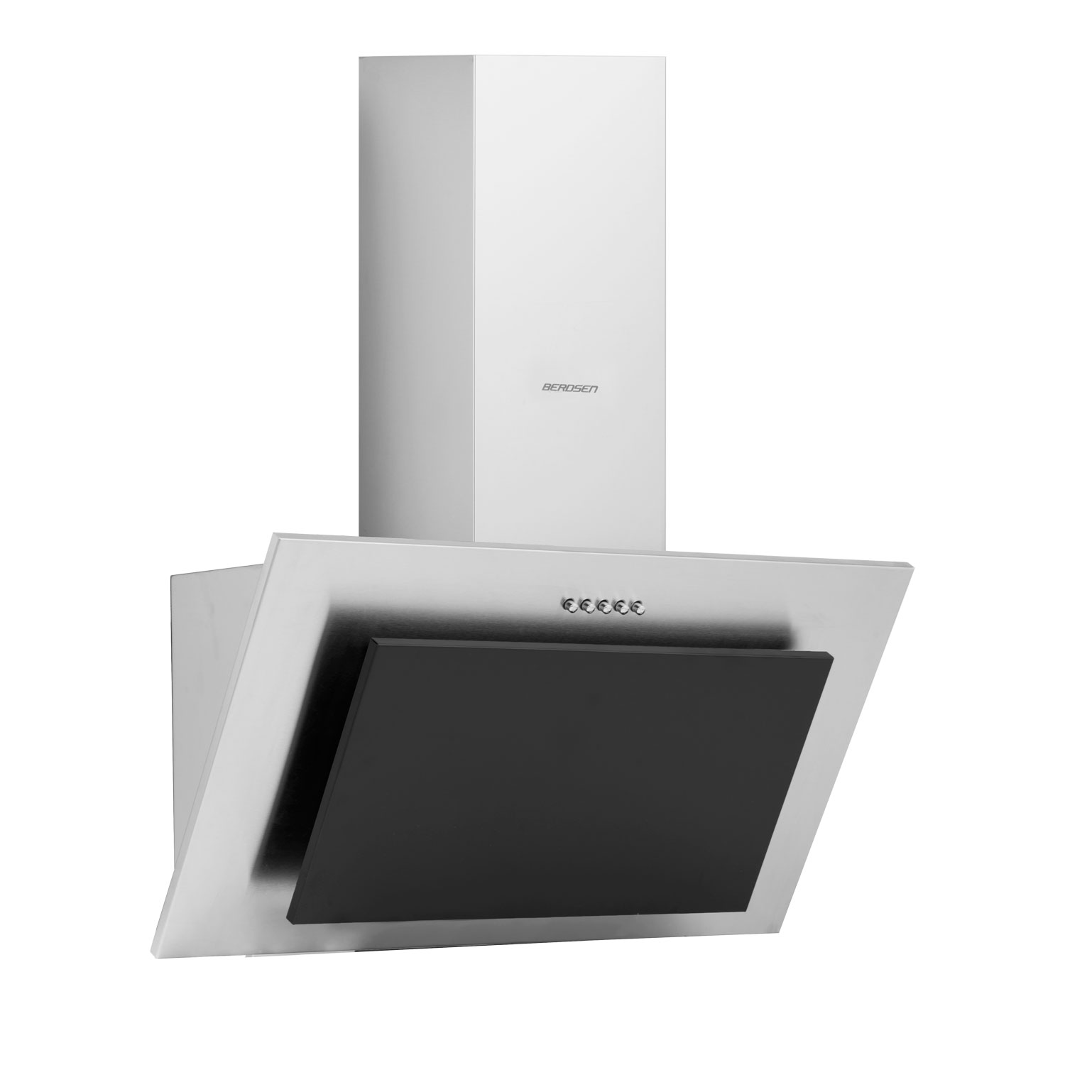 Okap kuchenny ze stali nierdzewnej z czarnym szklanym panelem i elementami sterującymi. Widoczna nazwa marki 'BERDSEN'.