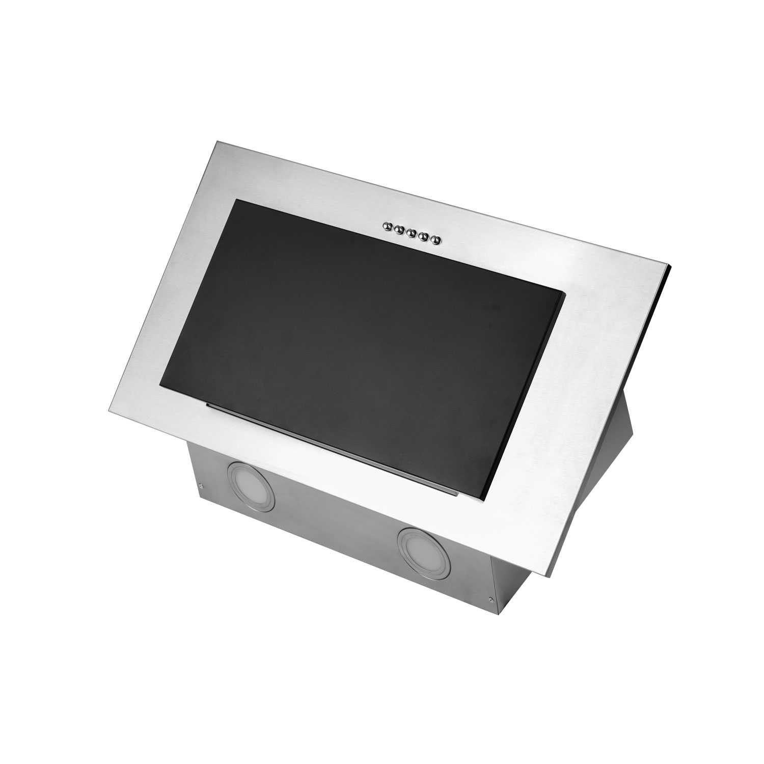 Okap ze stali nierdzewnej z czarnym panelem i przyciskami sterowania. Dwa okrągłe światła widoczne na dole.