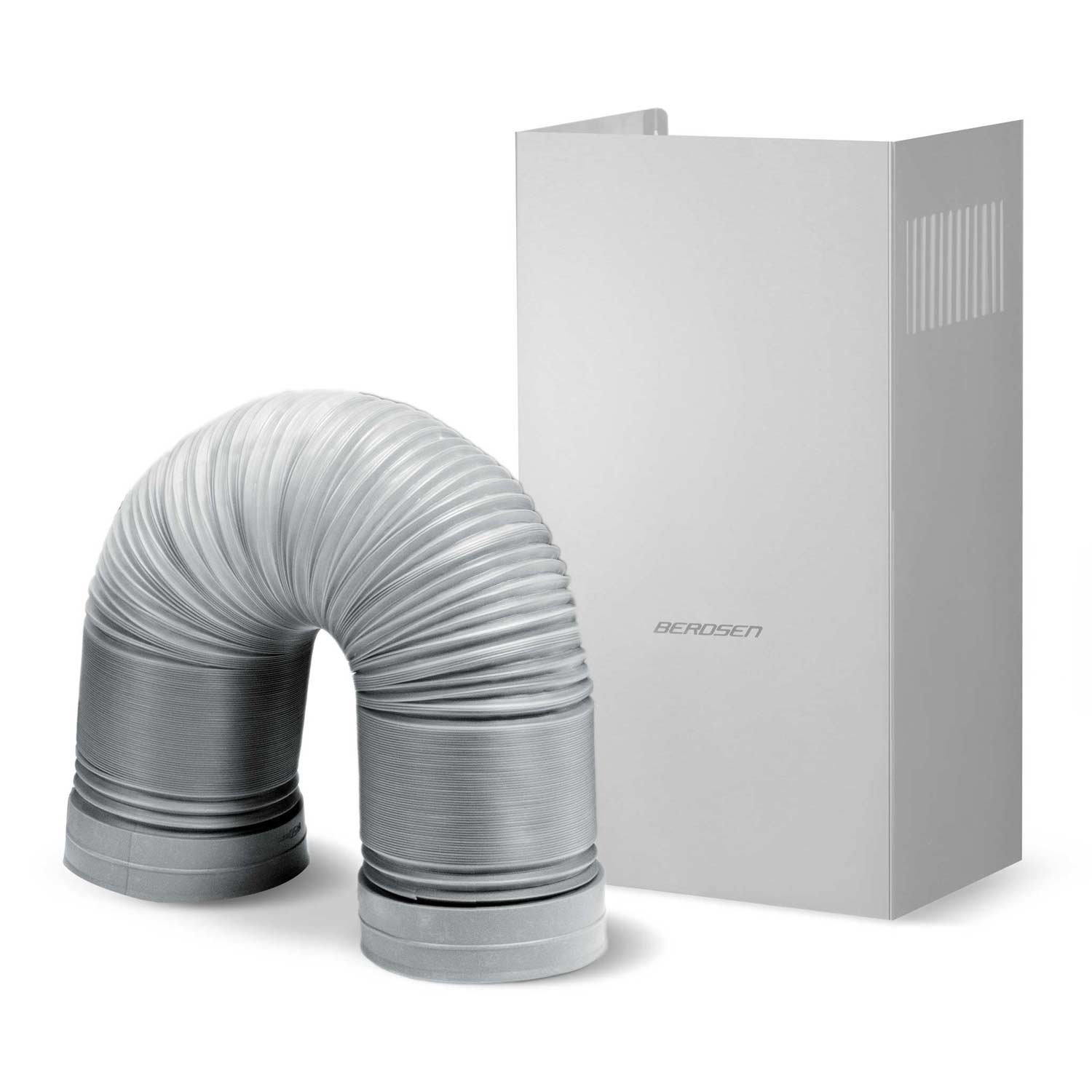 Biały okap kuchenny z elastycznym srebrnym przewodem. Okap ma markę Berosen. Przewód jest zakrzywiony i połączony z podstawą.