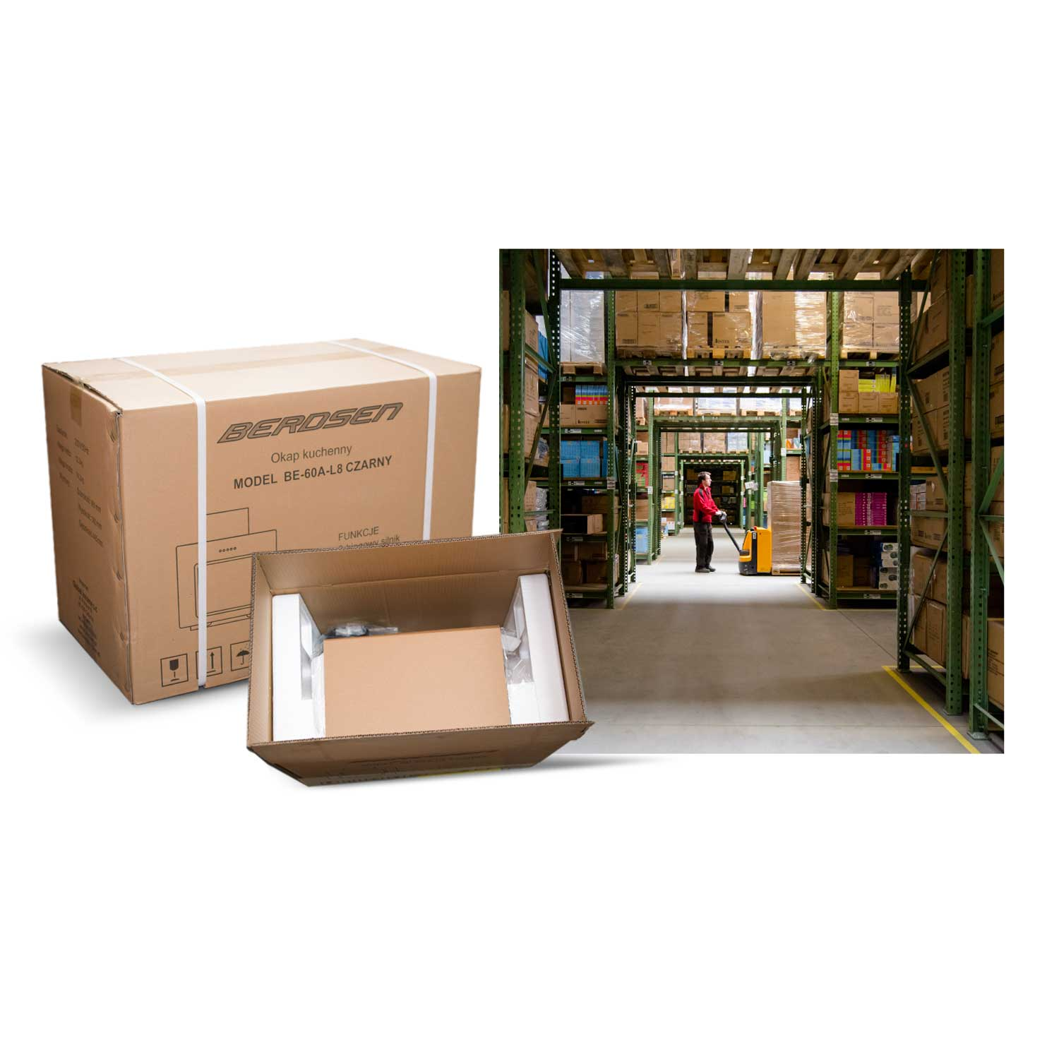 Scena magazynowa z pudełkami i pracownikiem. Pudełko jest otwarte, ukazując opakowanie wewnętrzne. Półki są pełne towarów.