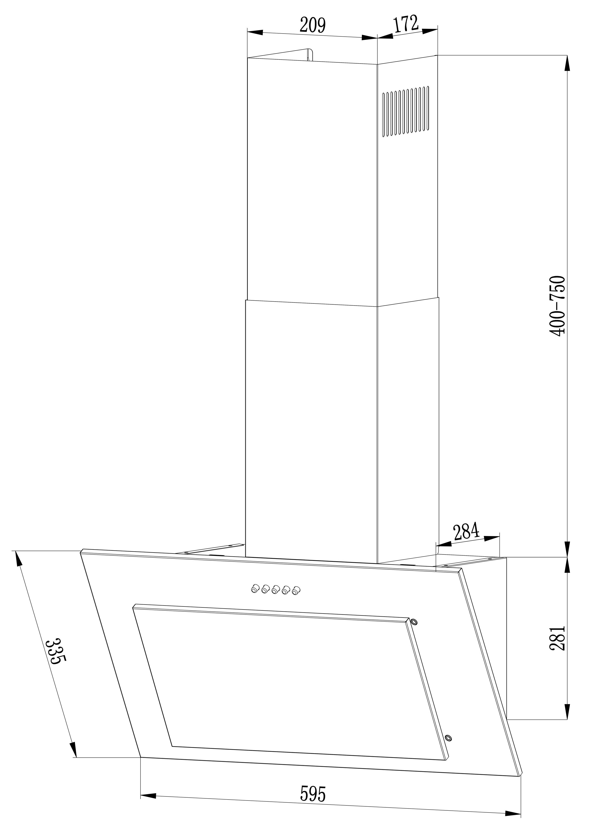 Rysunek techniczny okapu z wymiarami. Jest to biały, nowoczesny design z prostokątnym korpusem i pochylonym przodem.