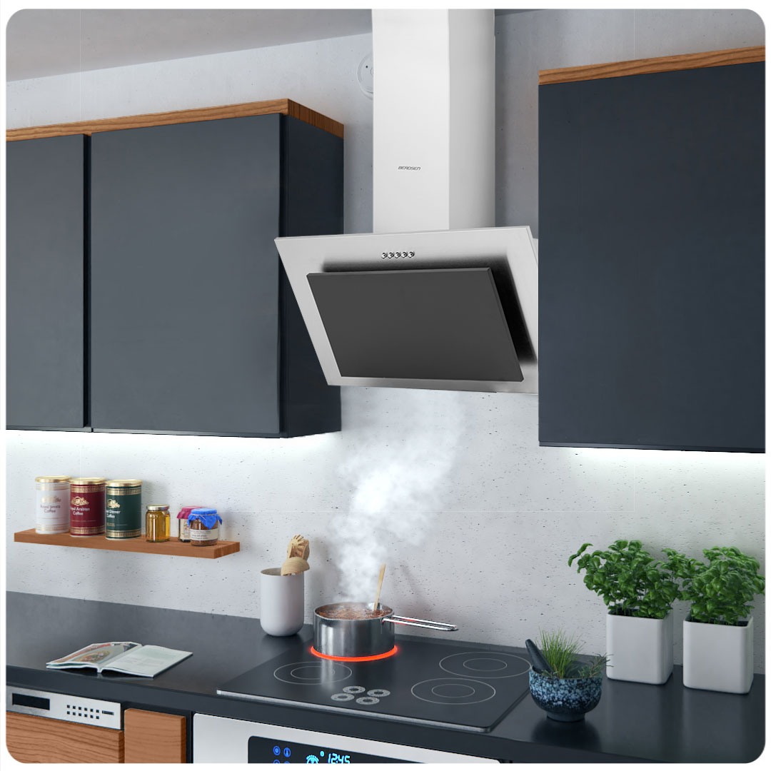 Scena kuchenna z kuchenką, garnkiem i okapem. Widoczne są szafki i półki. Para unosi się z garnka na płycie grzejnej.