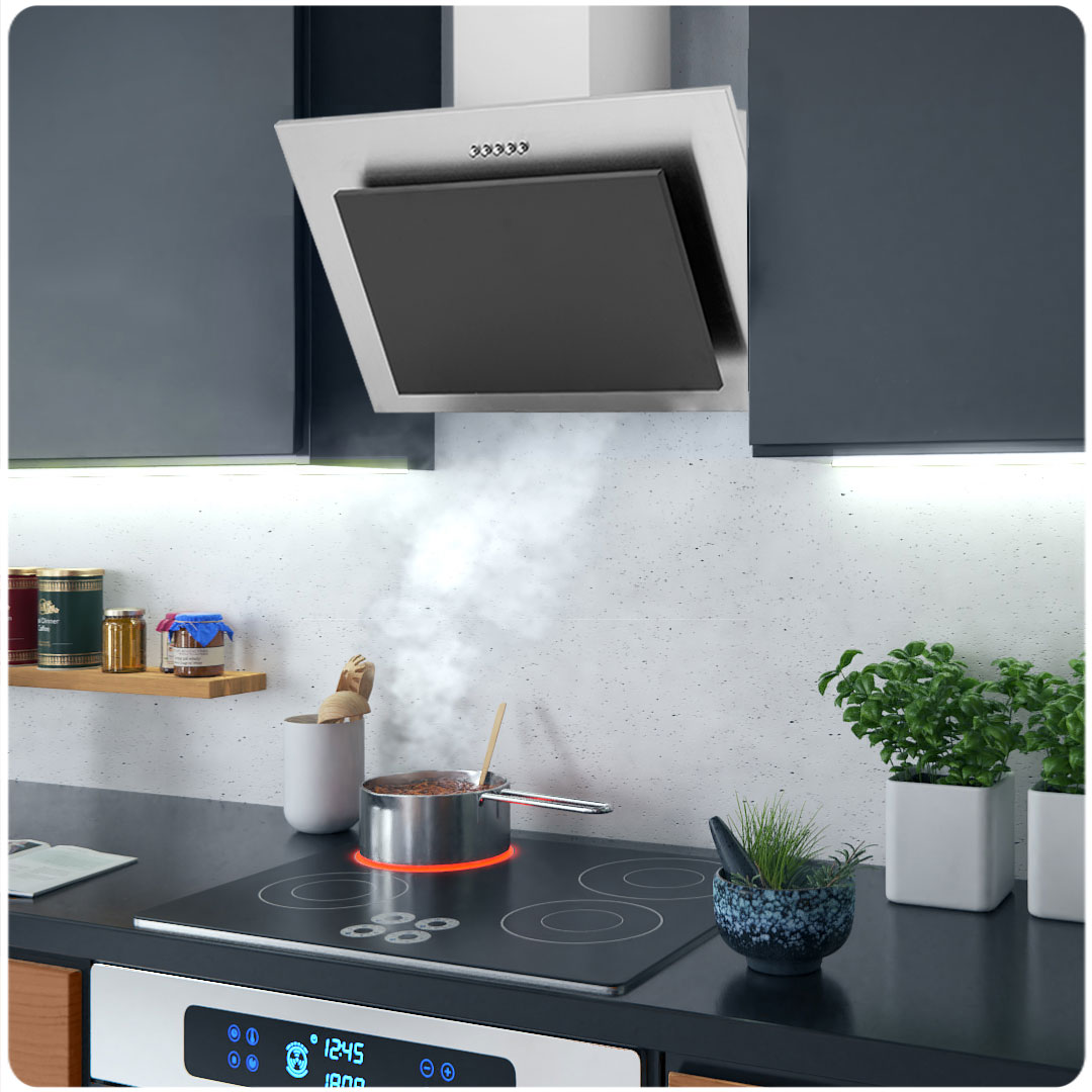 Scena kuchenna z garnkiem na kuchence wydzielającym parę. Zawiera okap, zioła i zegar cyfrowy.