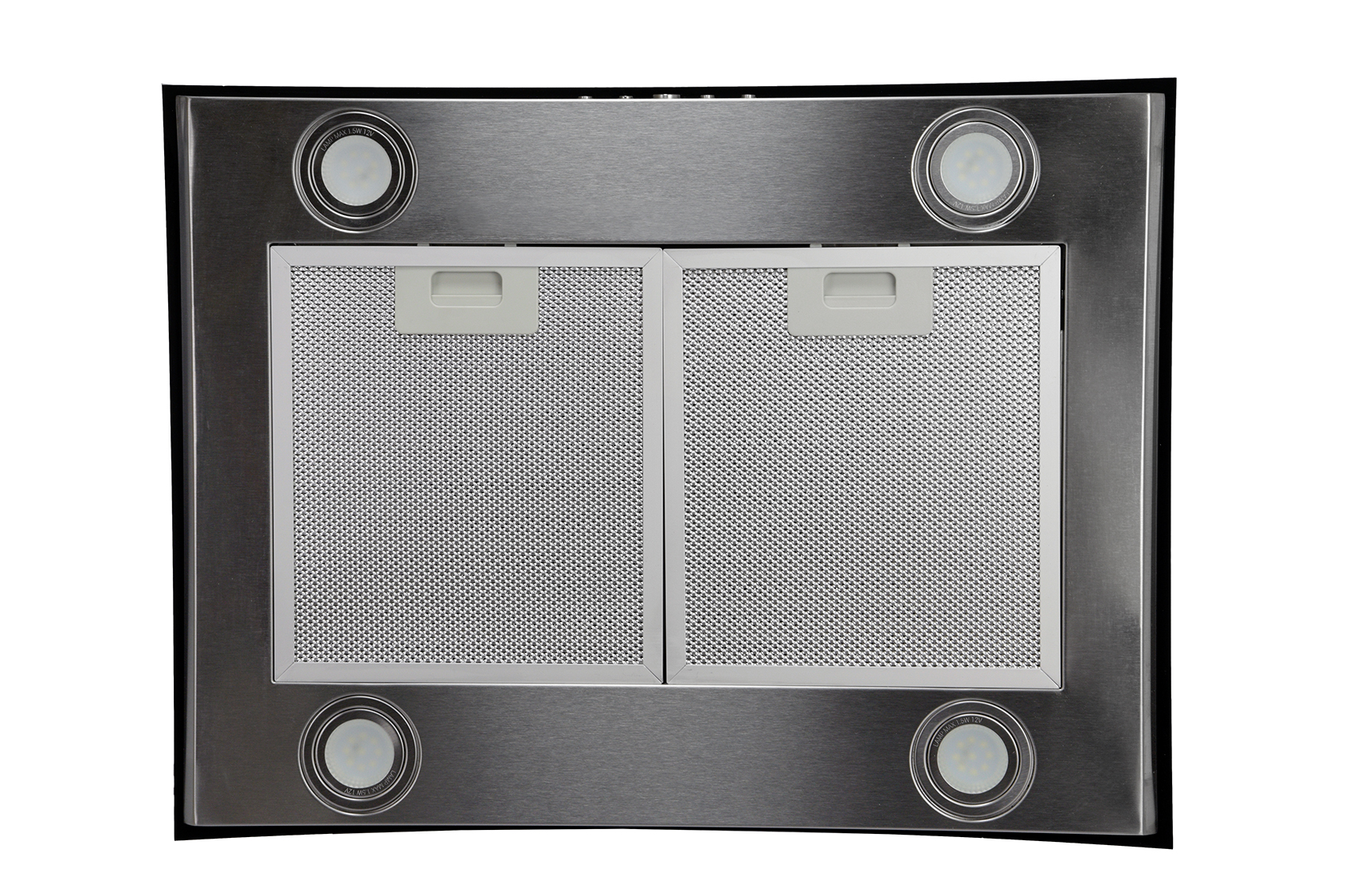 Okap ze stali nierdzewnej z czterema światłami i dwoma filtrami siatkowymi. Szare plastikowe uchwyty znajdują się na filtrach.