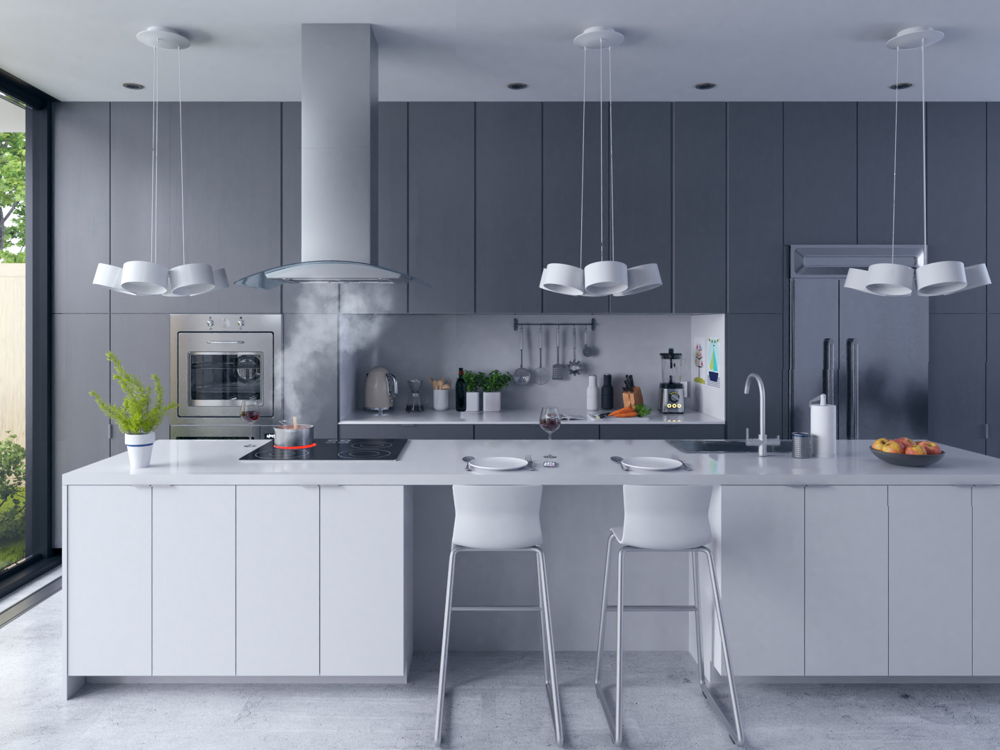 Nowoczesna kuchnia z wyspą, płytą grzejną z parą, białymi szafkami, urządzeniami ze stali nierdzewnej i wiszącymi lampami. Obecne są dwa stołki barowe.