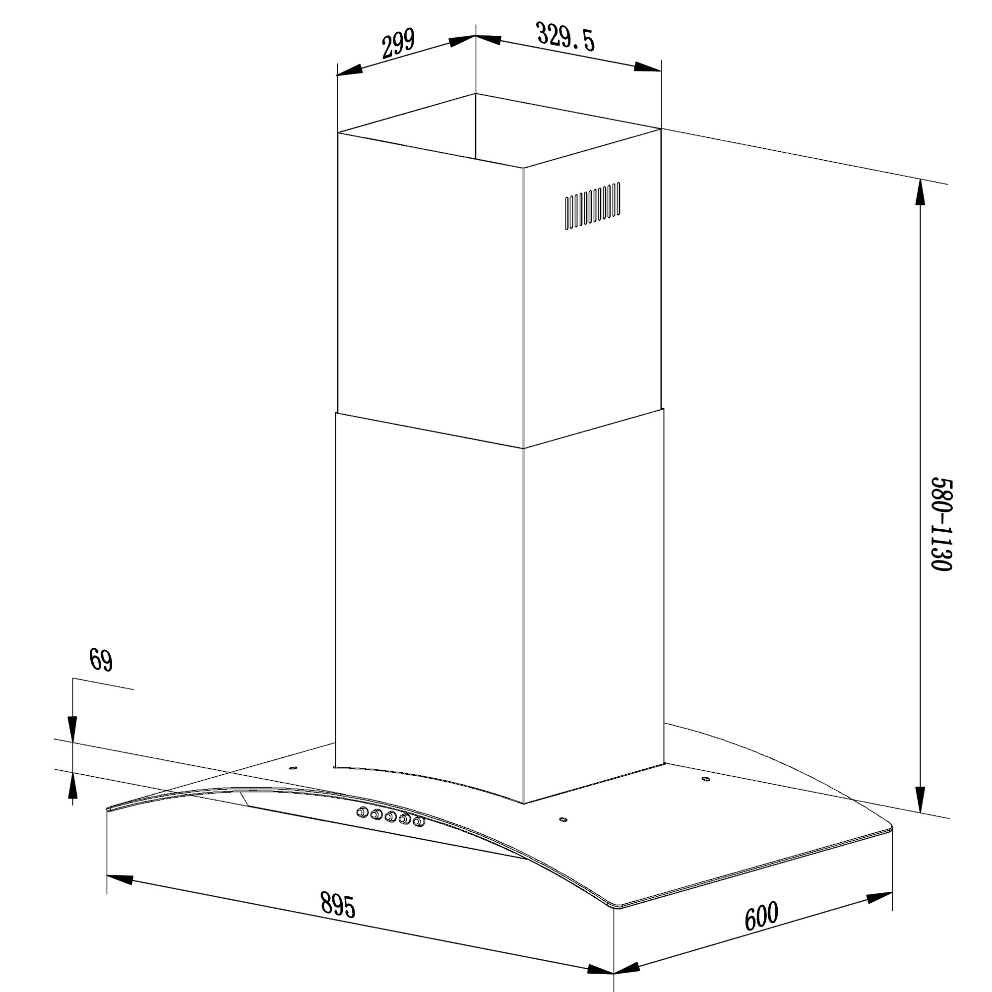 Schematyczny rysunek okapu kuchennego z wymiarami. Okap jest prostokątny i ma zakrzywioną podstawę z kilkoma przyciskami.