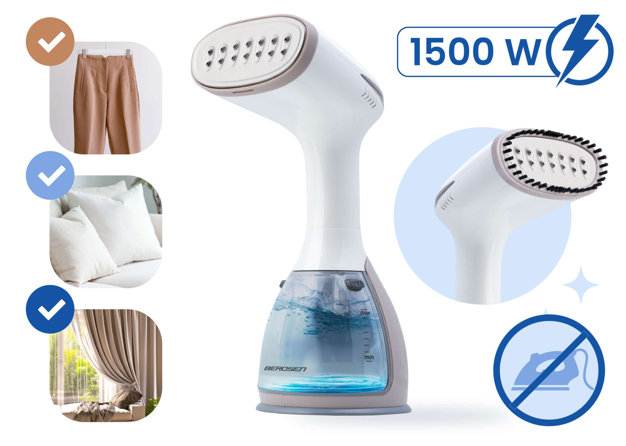 Biała i szara parownica do ubrań ze zbiornikiem na wodę. Zawiera ikony spodni, poduszek, zasłon i brak żelazka.