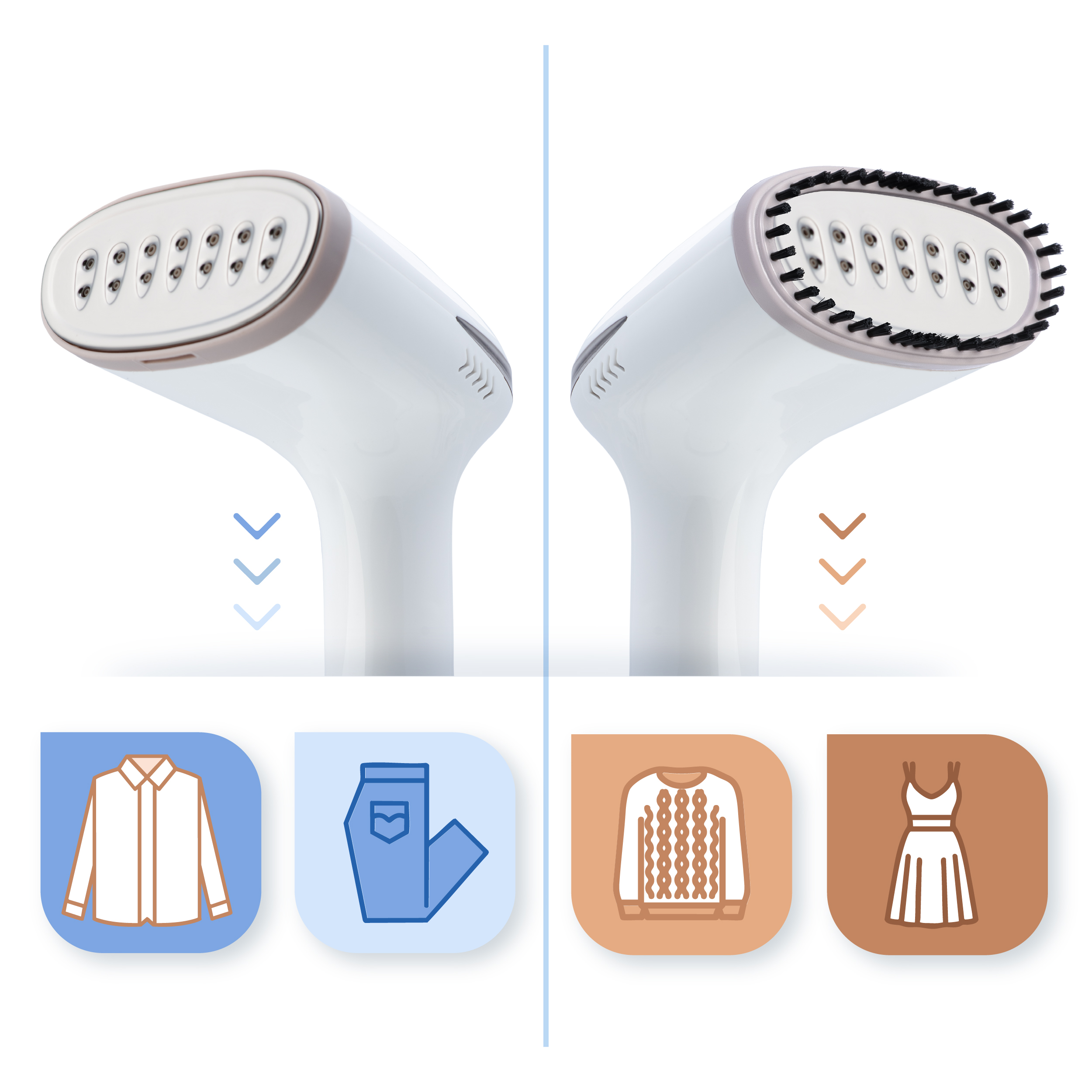 Obraz przedstawia parownicę do ubrań z dwiema głowicami i ikonami ubrań. Jeden ma szczotkę.