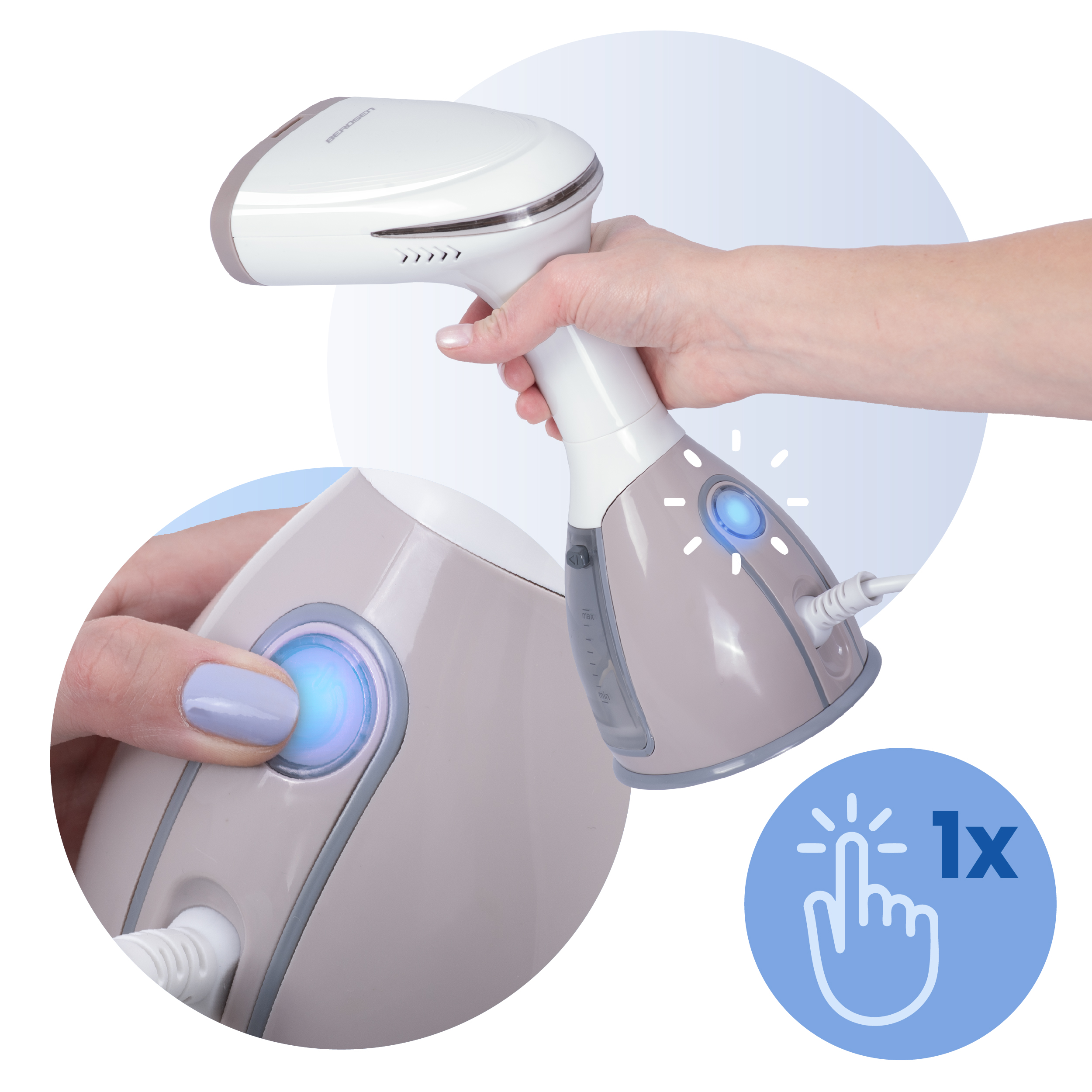 Steamer trzymany jest przez dłoń. Druga dłoń naciska przycisk. Grafika pokazuje palec klikający.