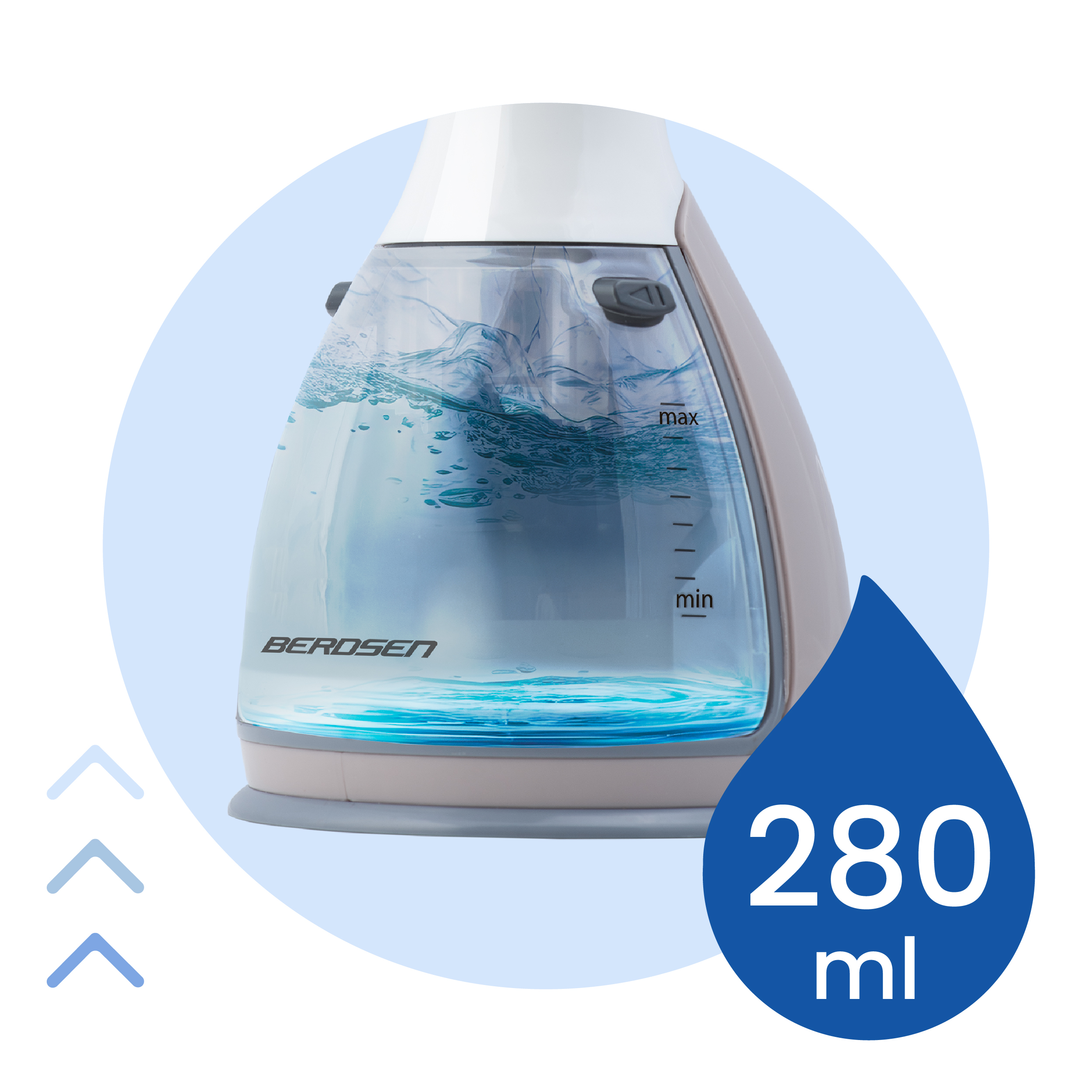 Przezroczysty pojemnik na wodę z niebieską wodą w środku, niebieska ikona kropli wody z 280 ml i logo Berosen.