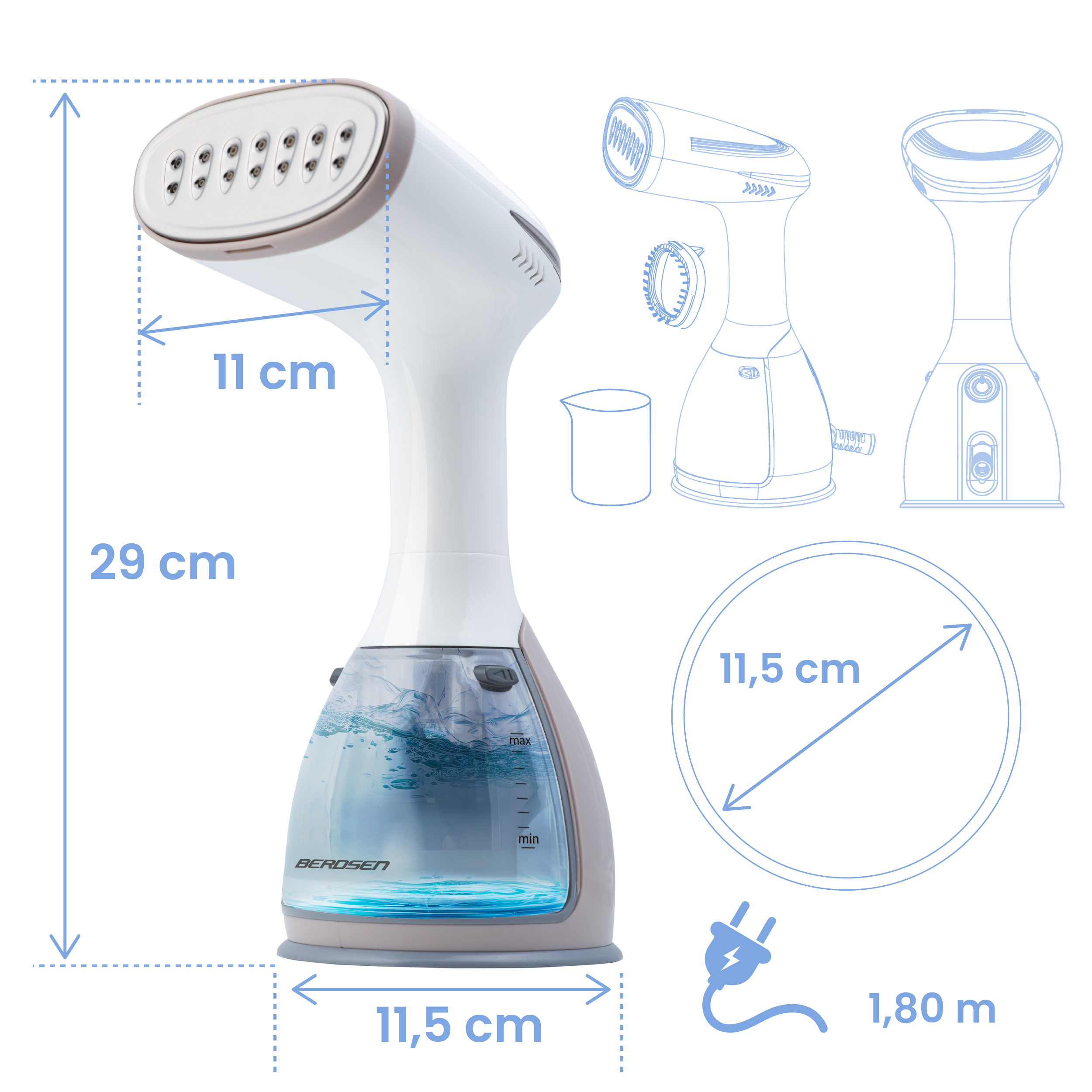 Biała i szara parownica do ubrań z wymiarami. Pokazuje zbiornik na wodę i przewód zasilający.