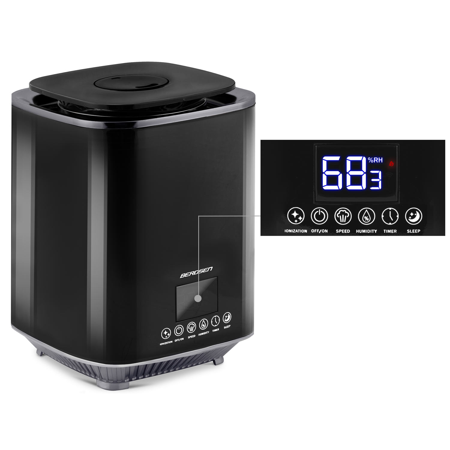 Czarny nawilżacz powietrza. Posiada cyfrowy wyświetlacz pokazujący 68% wilgotności. Nawilżacz posiada kilka przycisków funkcyjnych.