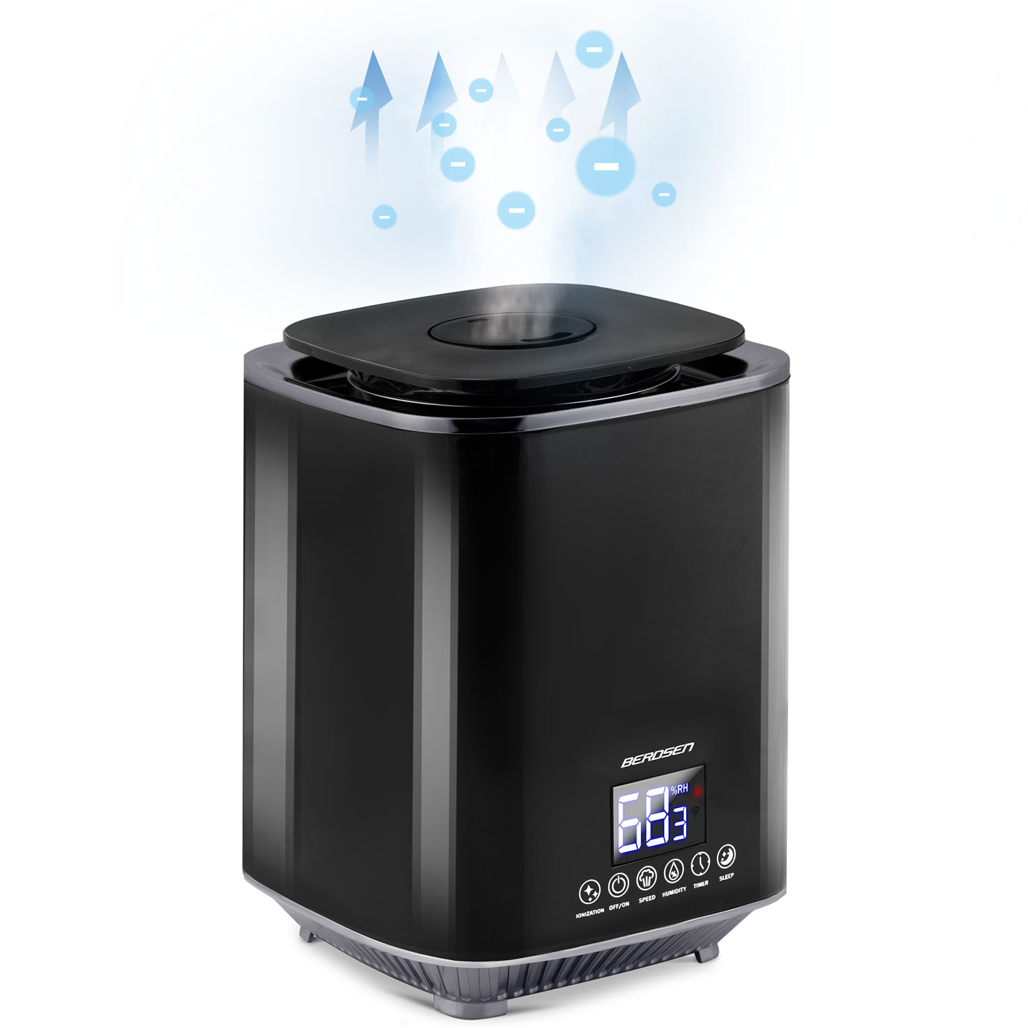 Czarny nawilżacz powietrza Berosen z cyfrowym wyświetlaczem wilgotności. Niebieskie strzałki i symbole wskazują jonizację.
