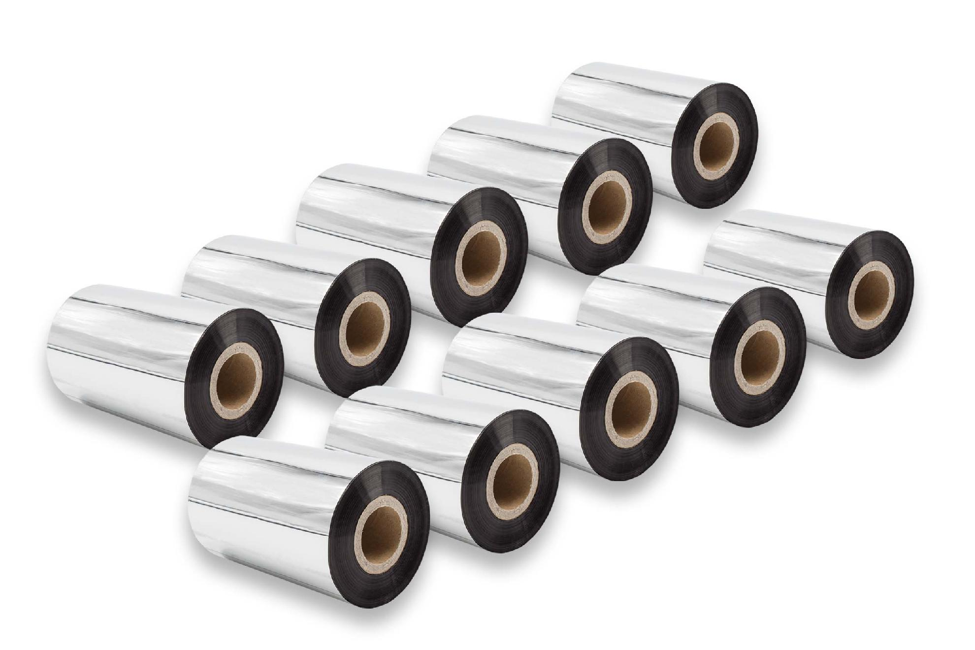 Mehrere Rollen Thermotransferband sind diagonal angeordnet. Die Rollen sind silbern mit schwarzen Kernen, vor weißem Hintergrund.
