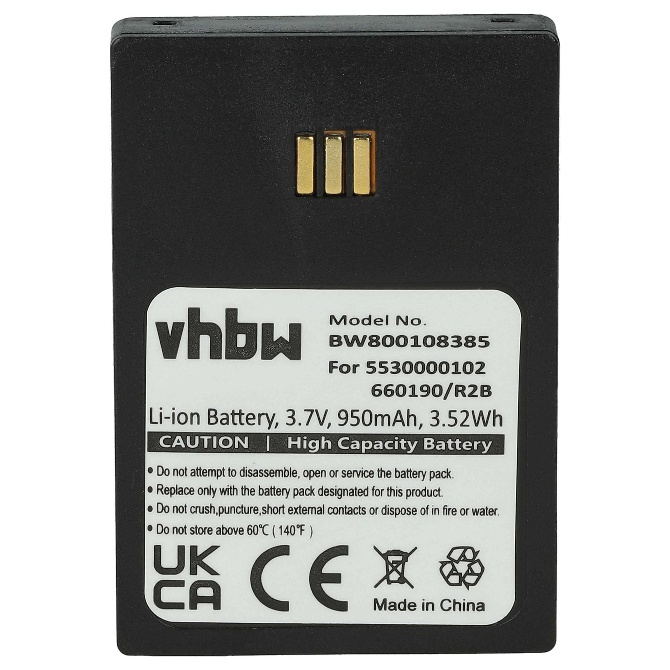Schwarzer Akku mit weißem Etikett. Text: Li-Ionen-Akku, 3,7 V, 950 mAh, 3,52 Wh. Enthält auch Warn- und Vorsichtshinweise.