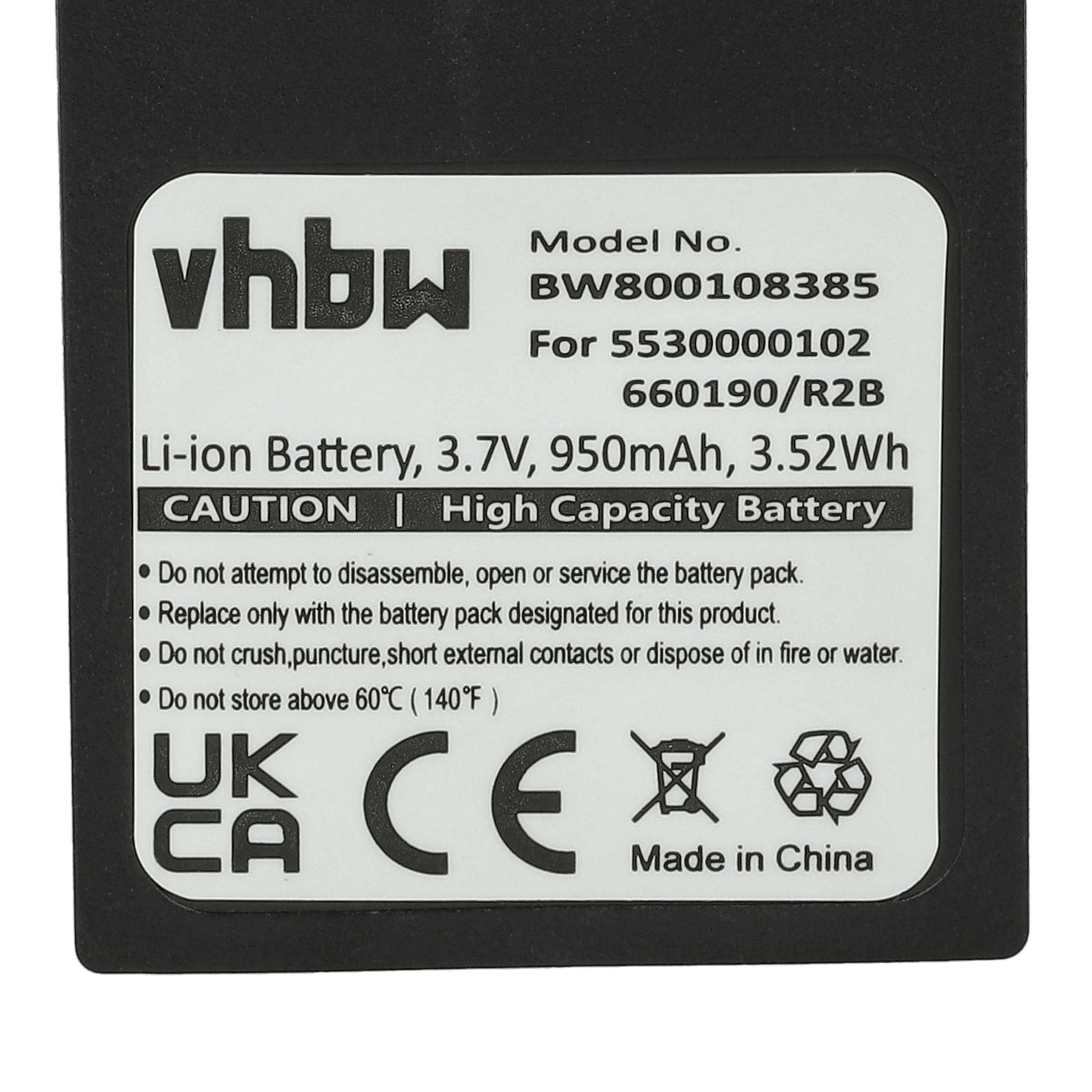 Schwarzes Batterieetikett mit weißen Texten, die Batteriespezifikationen, Warnungen und Zertifizierungen detailliert beschreiben.