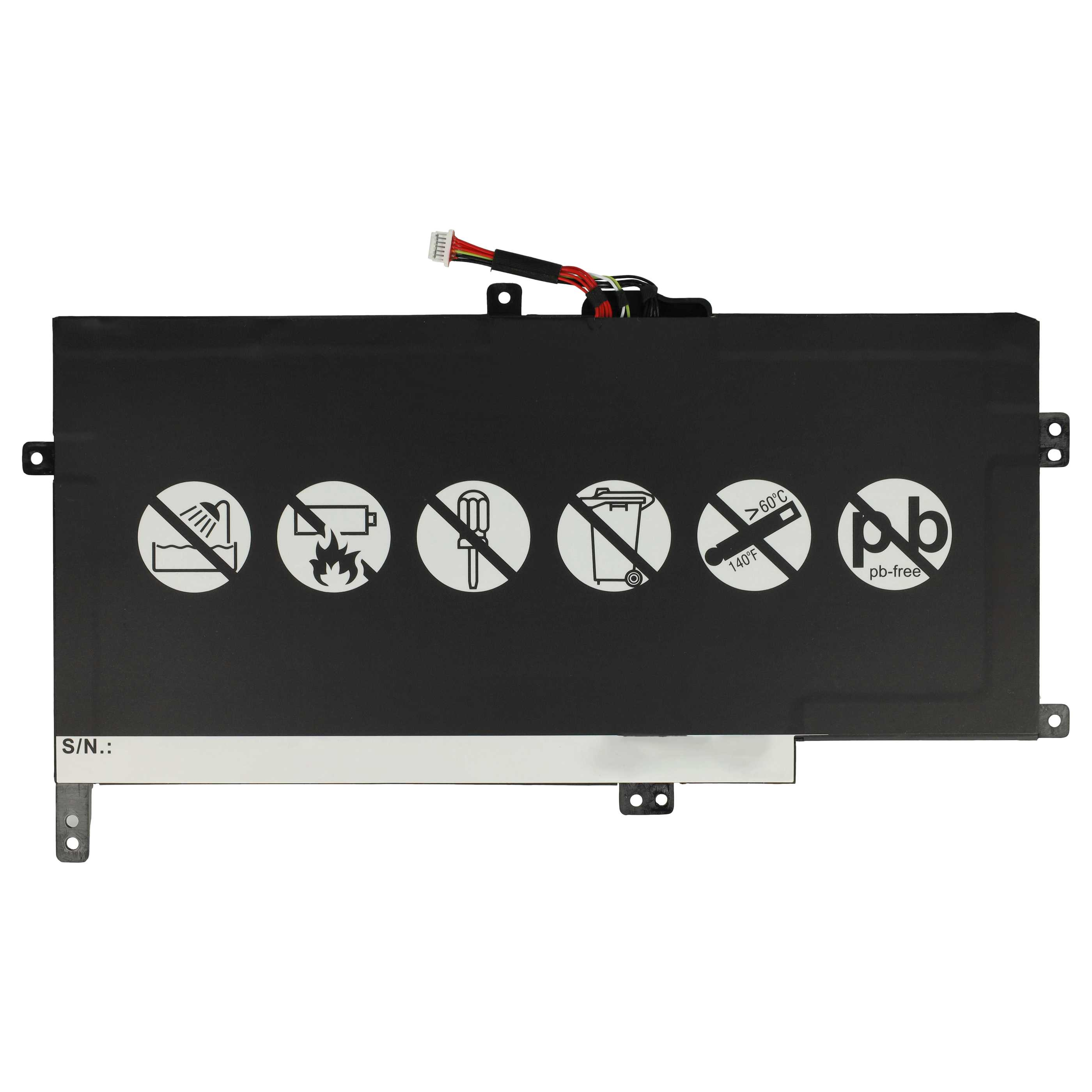 Ein schwarzer Laptop-Akku mit Sicherheitssymbolen und Text. Er hat einen Stecker mit roten, schwarzen und grünen Drähten.