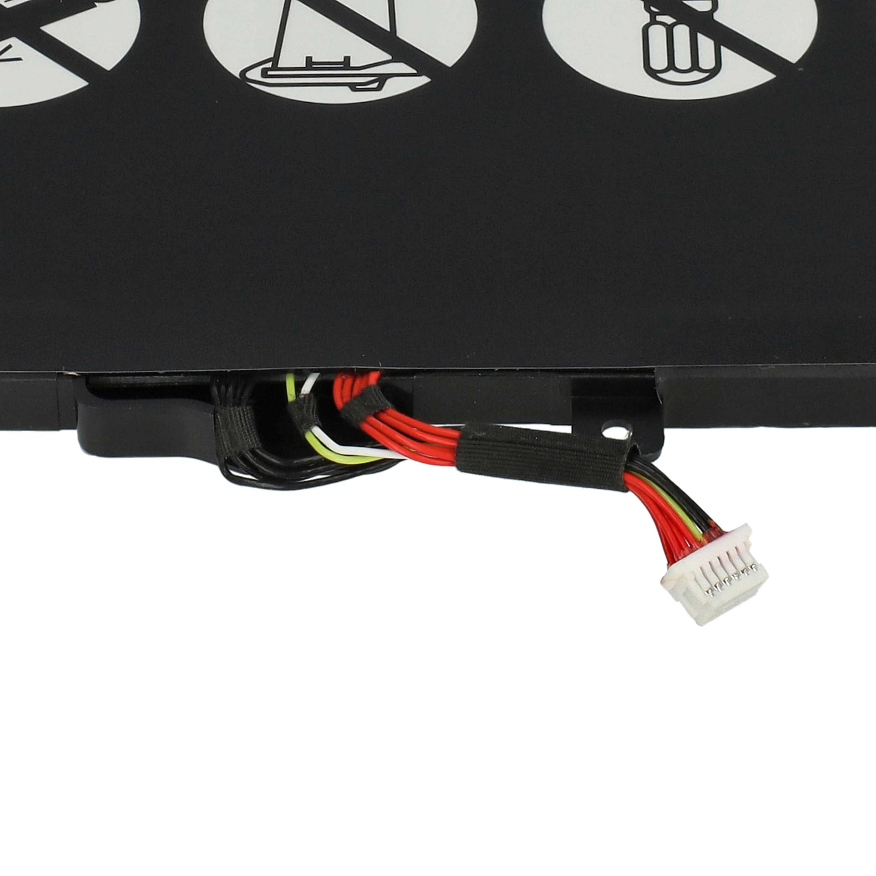Schwarze Komponente mit weißem Stecker und farbigen Drähten. Der Hintergrund ist weiß. Oben befinden sich Warnsymbole.