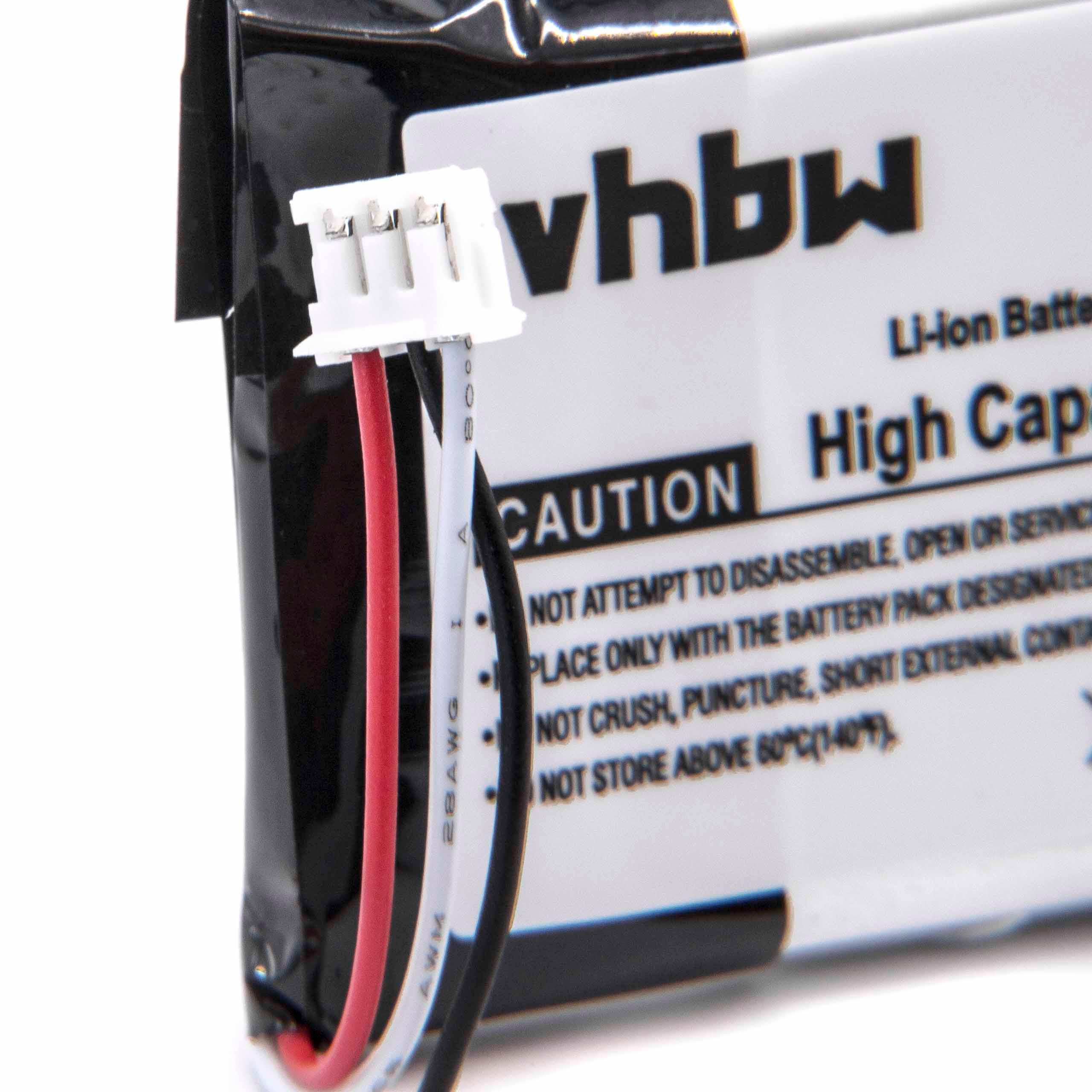 Nahaufnahme eines Akkus mit Stecker und Kabeln. Aufschriften: 'vhbw' und 'High Capacity'. Warnhinweis sichtbar.