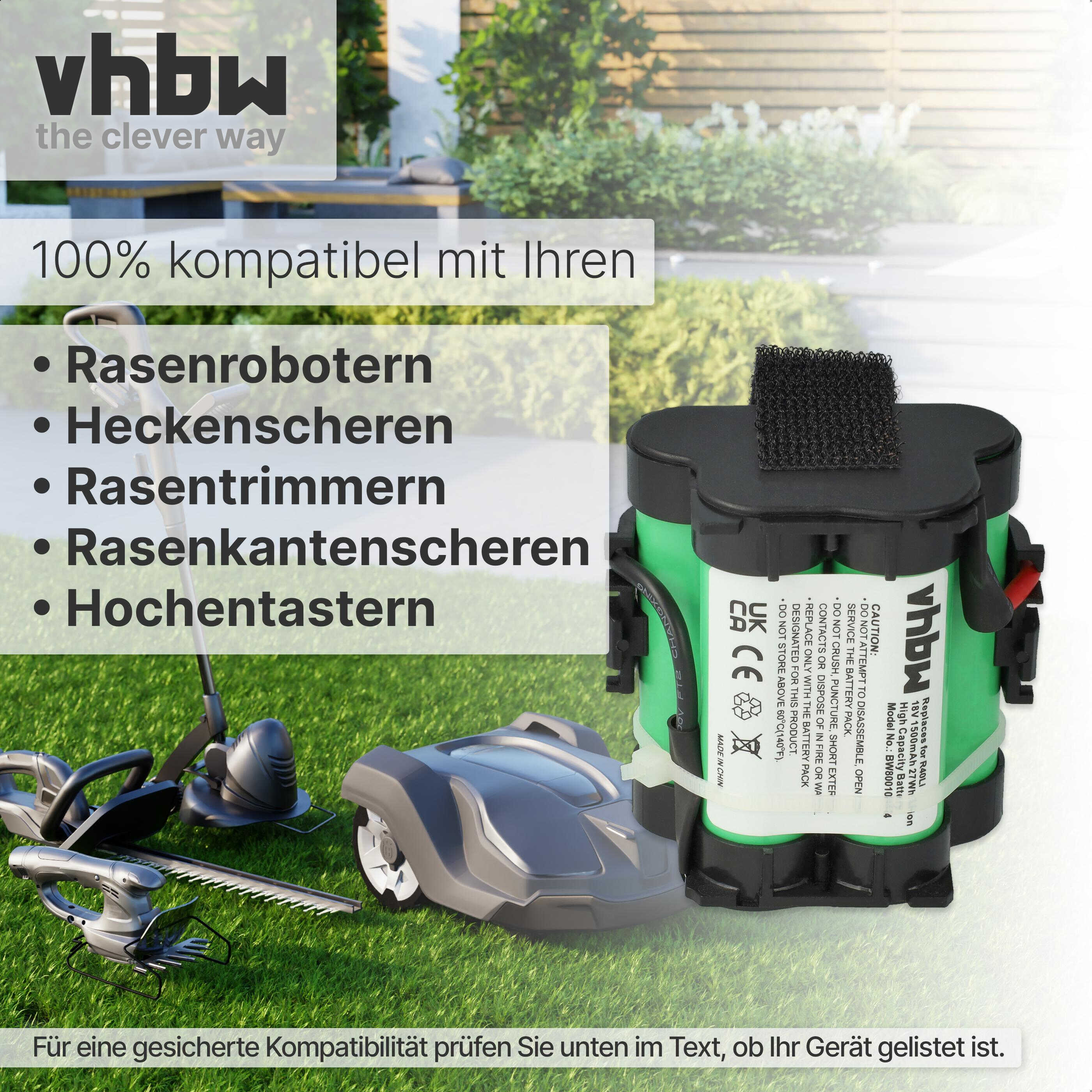 Das Bild zeigt einen Akku für Gartengeräte. Der Hintergrund zeigt Rasenpflegegeräte und grünes Gras.