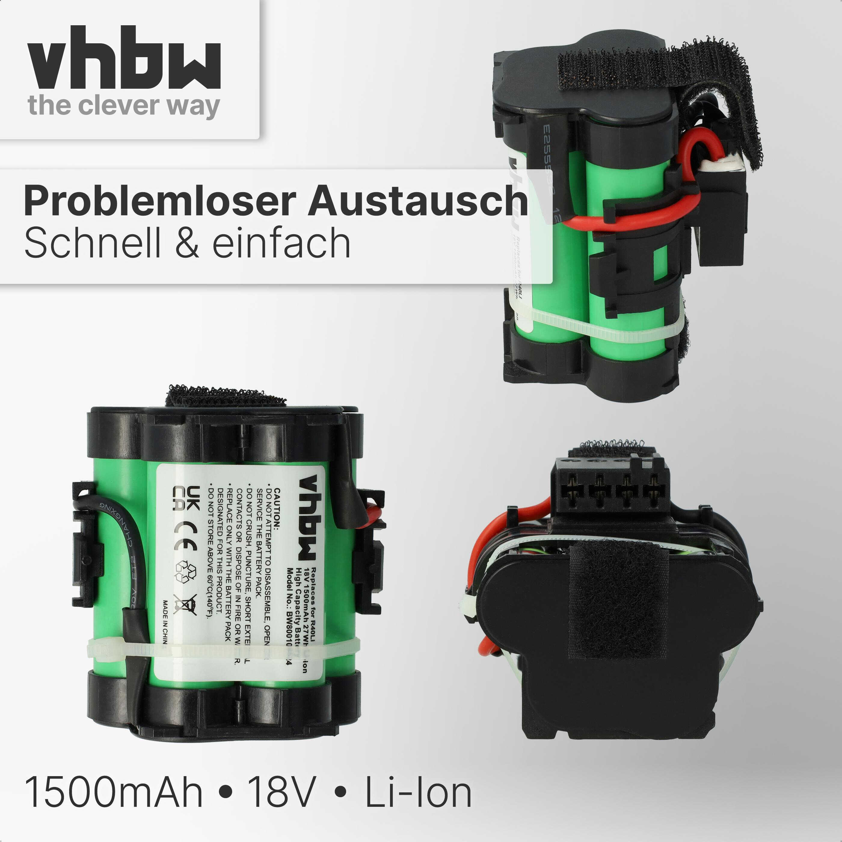 Akkupack mit grünen Zellen. Schwarzes Kunststoffgehäuse, weiße Etiketten und rote und schwarze Drähte. Der Hintergrund ist weiß.