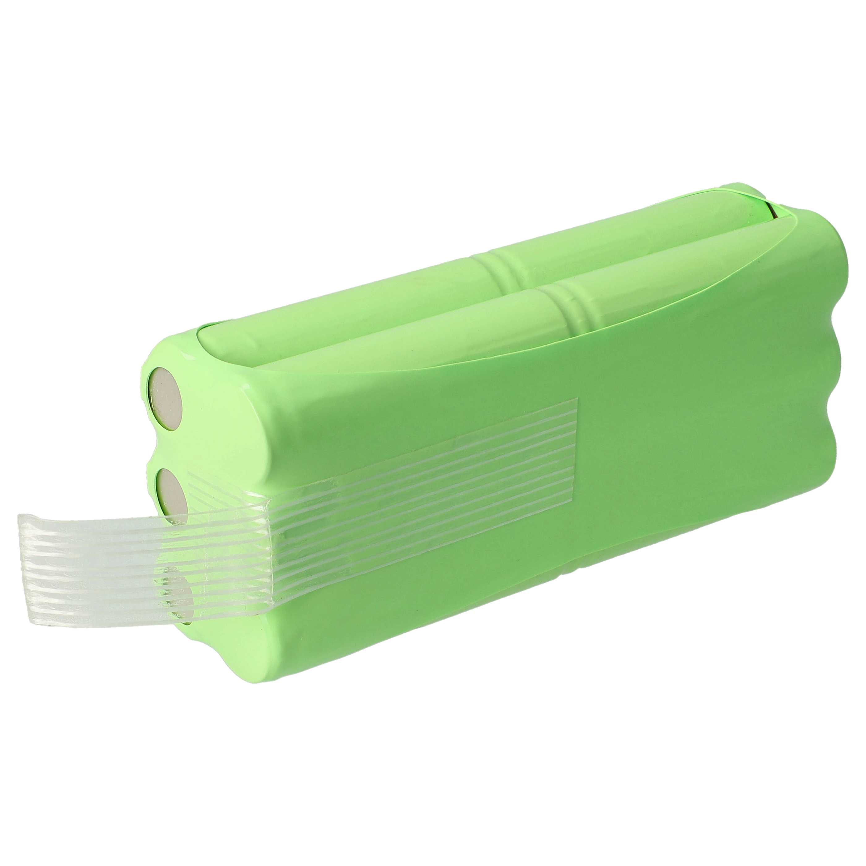 Ein grünes Batterypack auf weißem Hintergrund. Es hat zwei zylindrische Abschnitte und ein transparentes Klebeband.