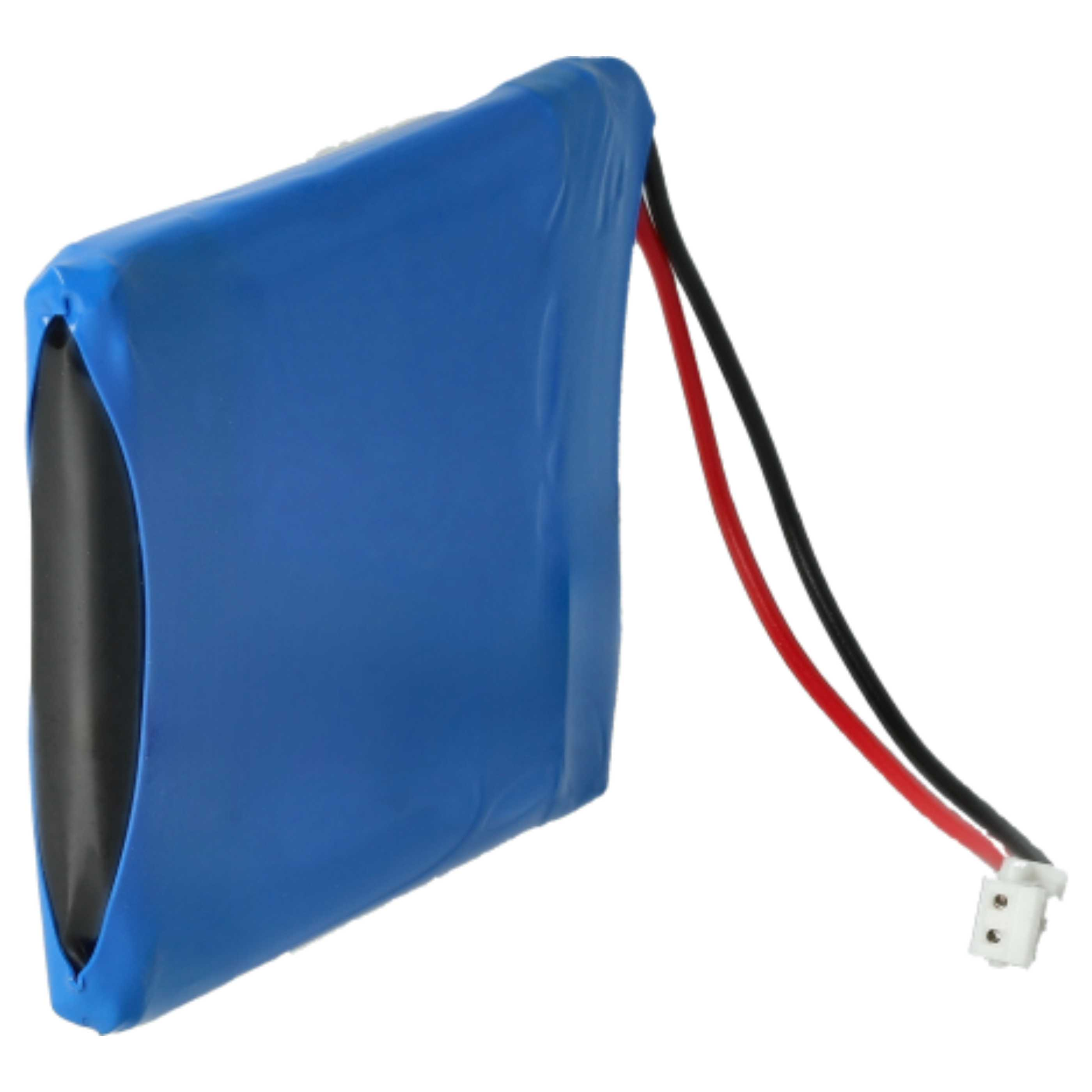 Ein blaues Batteriepack mit schwarzen und roten Drähten und einem weißen Stecker auf weißem Hintergrund.