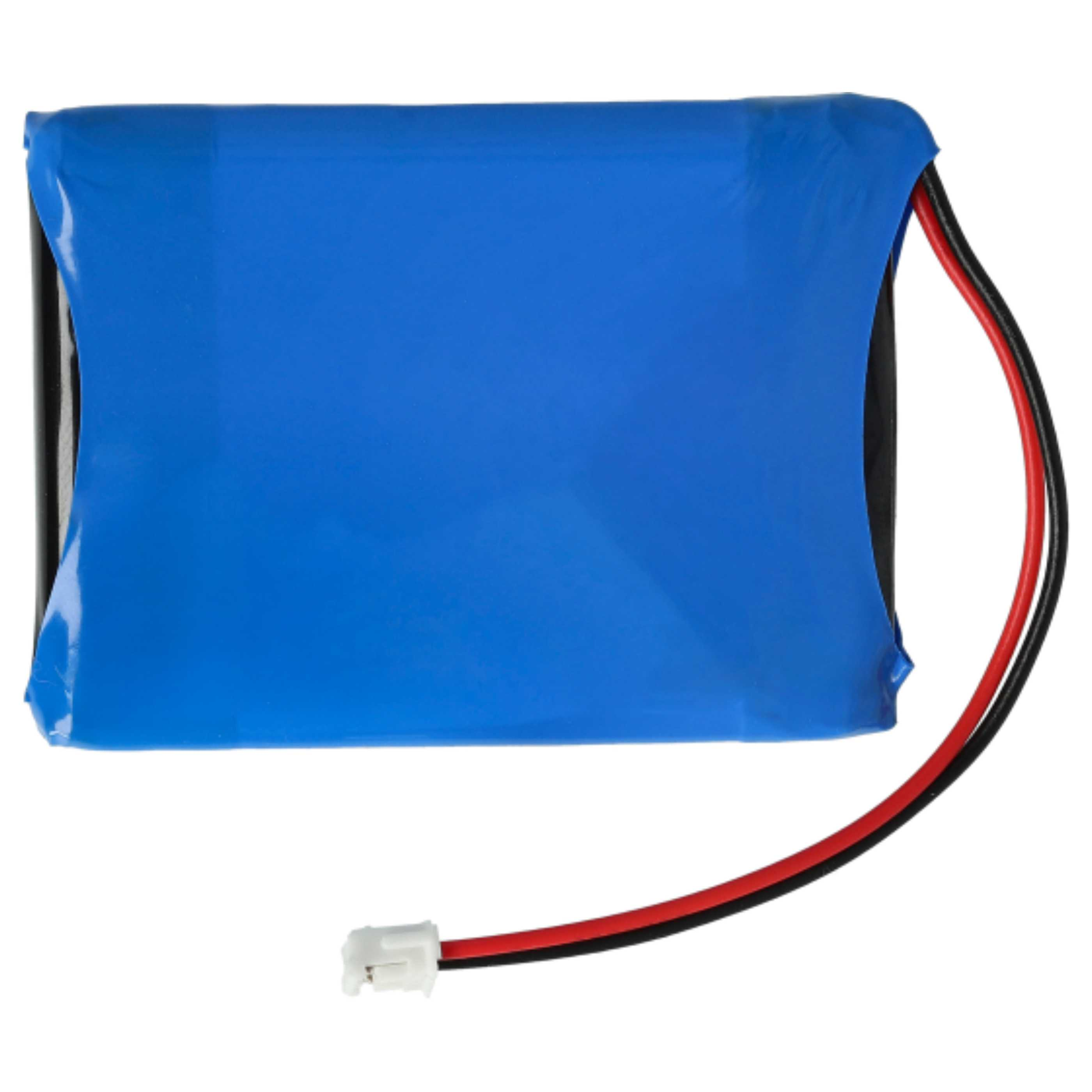 Ein blaues, rechteckiges Batteriepack mit schwarzen und roten Drähten. Am Ende der Drähte befindet sich ein weißer Stecker.