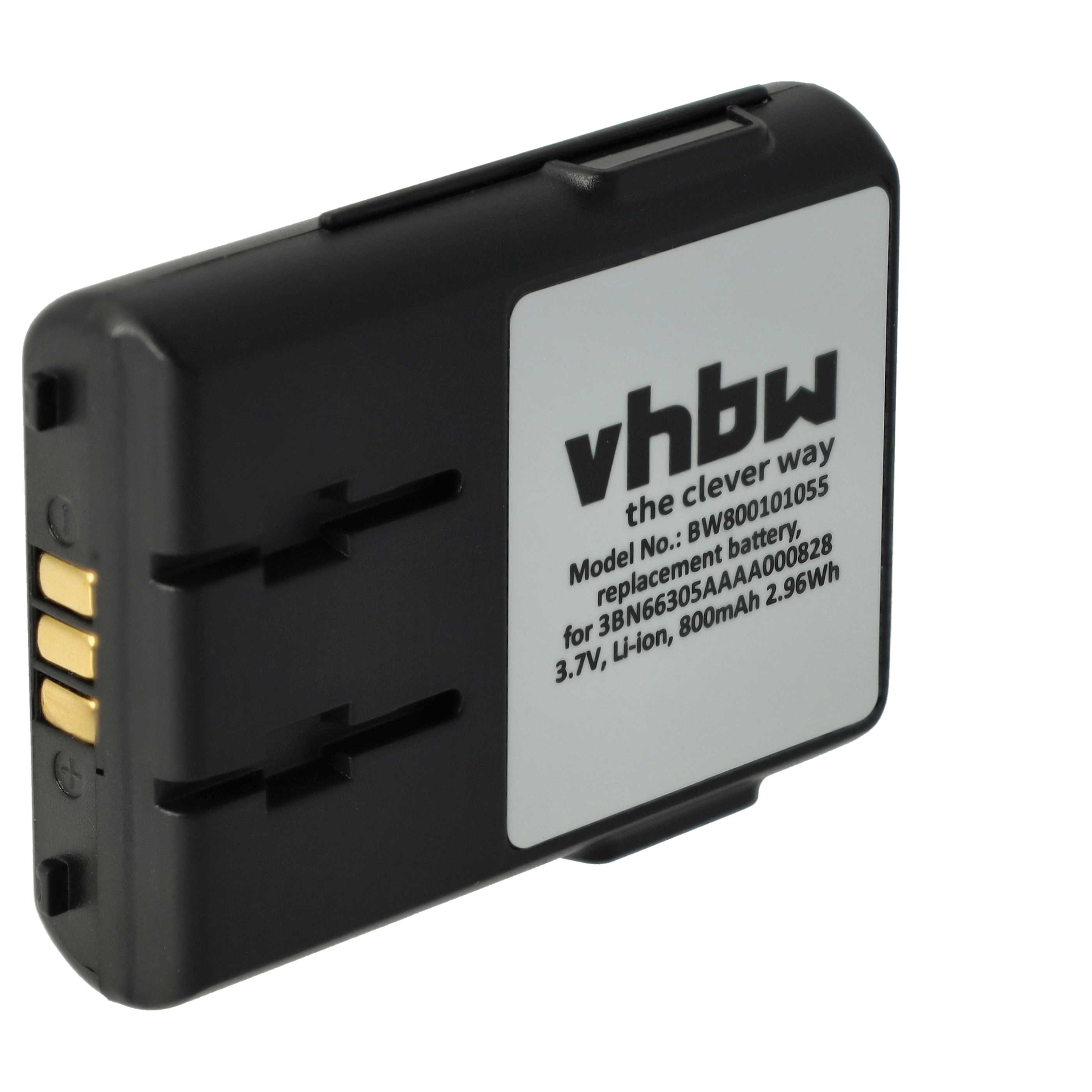 Batteria rettangolare nera con etichetta bianca. L'etichetta riporta il marchio vhbw, informazioni sul modello e specifiche.