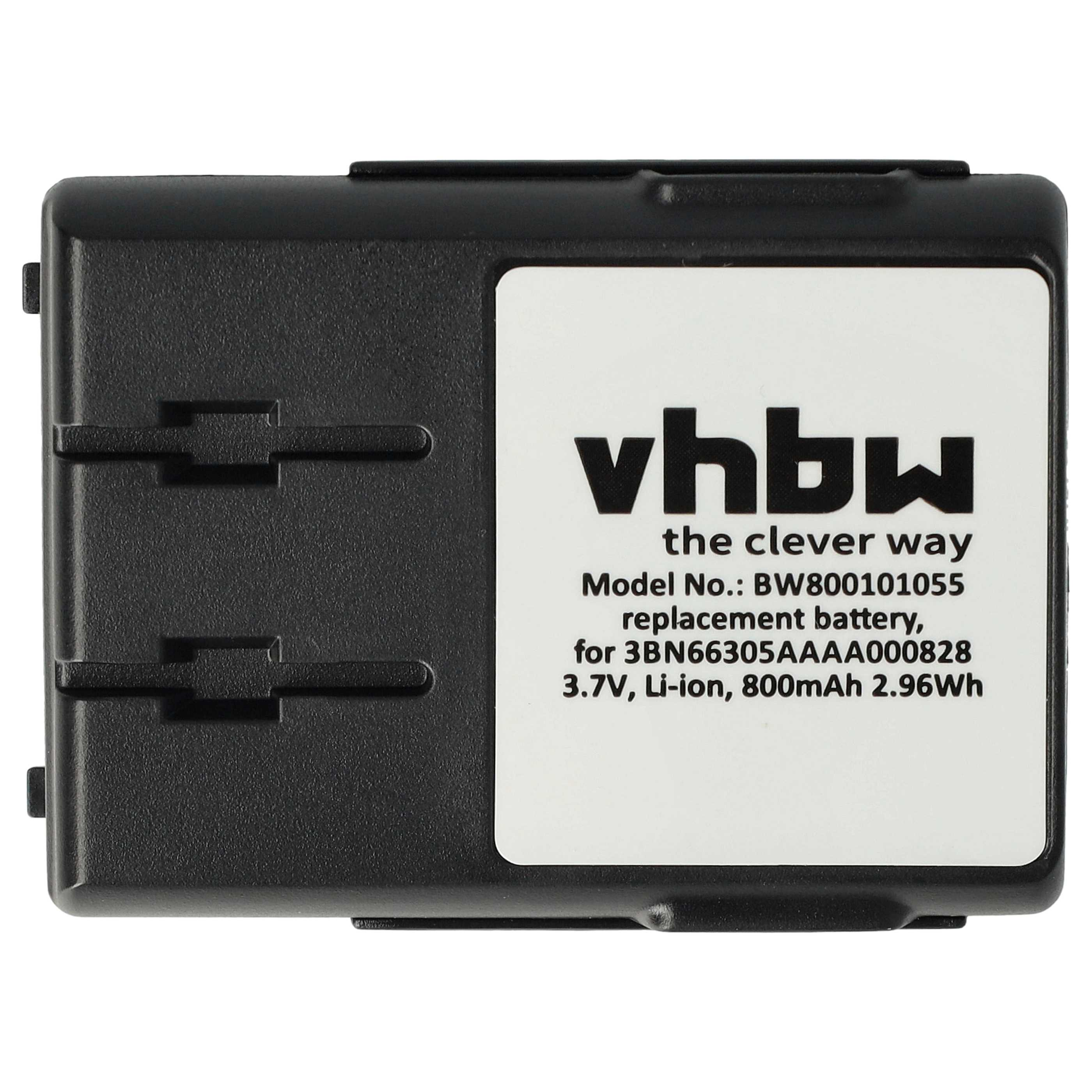 Batteria nera con etichetta bianca. L'etichetta riporta il marchio vhbw, i dettagli del modello e le specifiche della batteria.