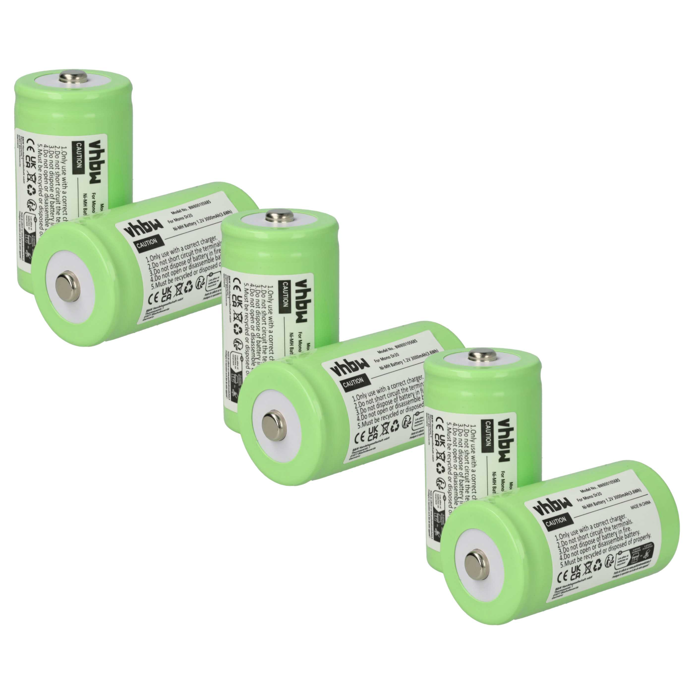 Mehrere grüne zylindrische Batterien mit Etiketten und silbernen Oberteilen. Warnungen sind auf den Etiketten sichtbar.