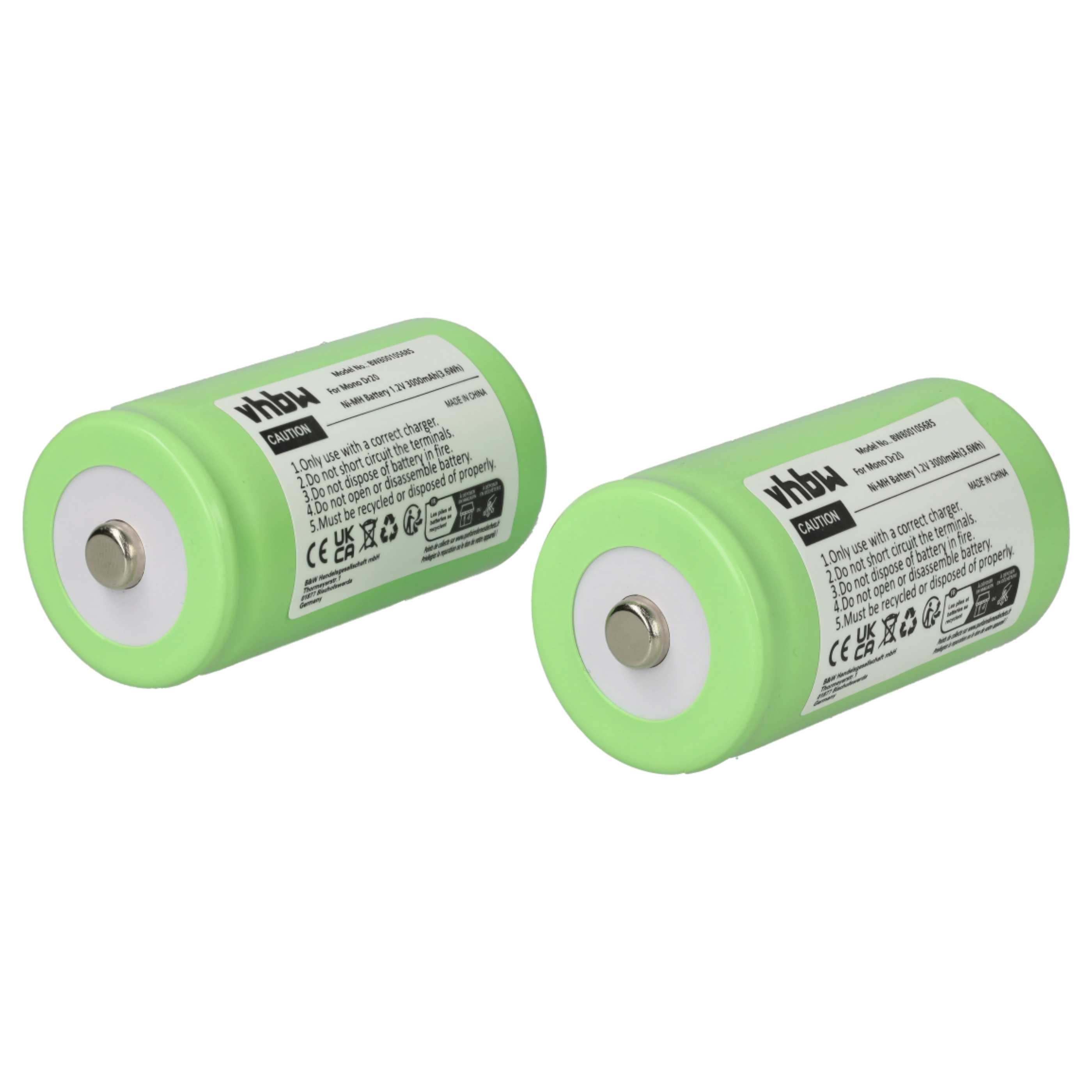 Zwei grüne vhbw-Batterien nebeneinander. Jede hat weiße und silberne Details mit gedruckten Warnungen und Anweisungen.