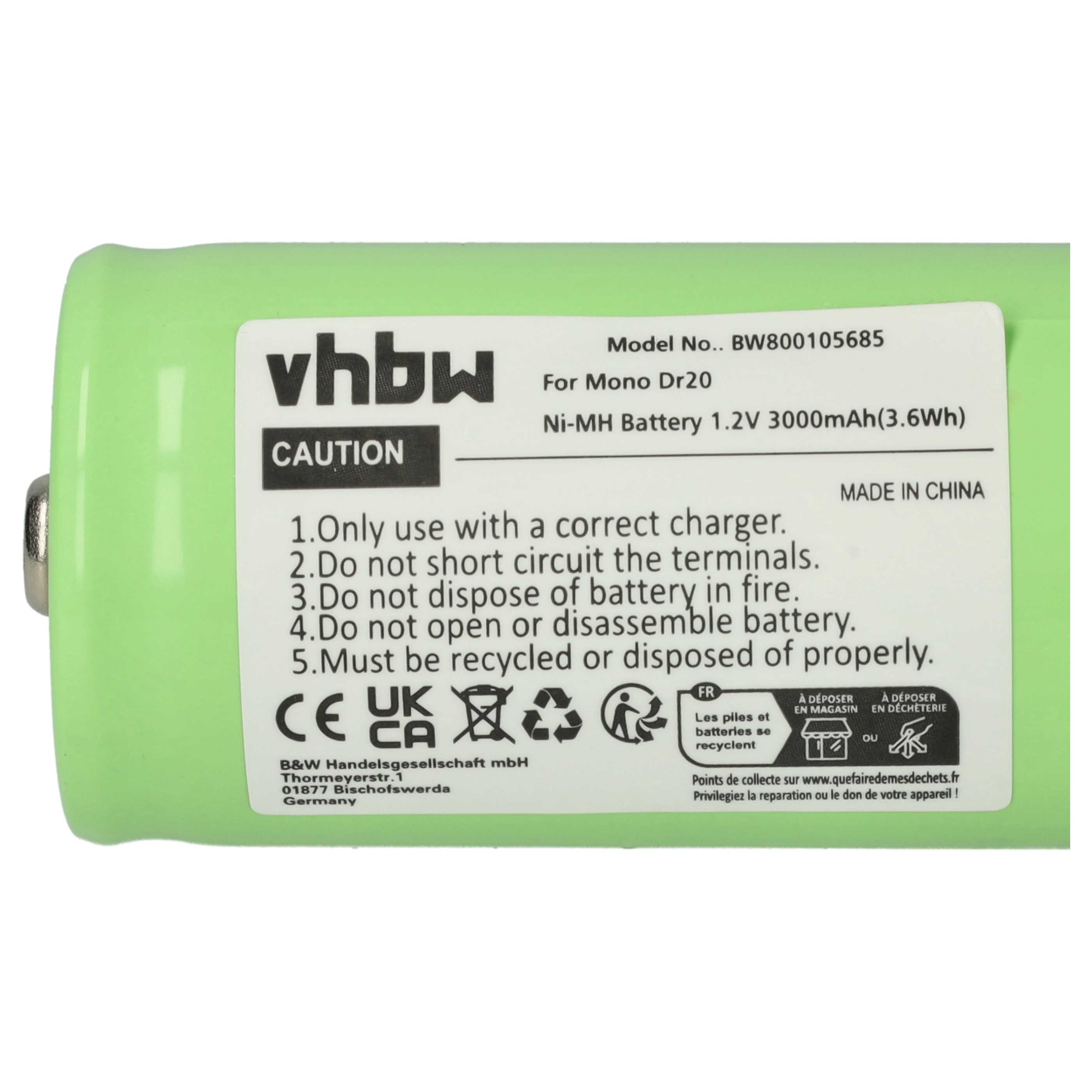 Eine grüne Batterie mit weißem Etikett. Text enthält 'vhbw', 'CAUTION', Batterietyp, Spannung und Recyclinghinweise.