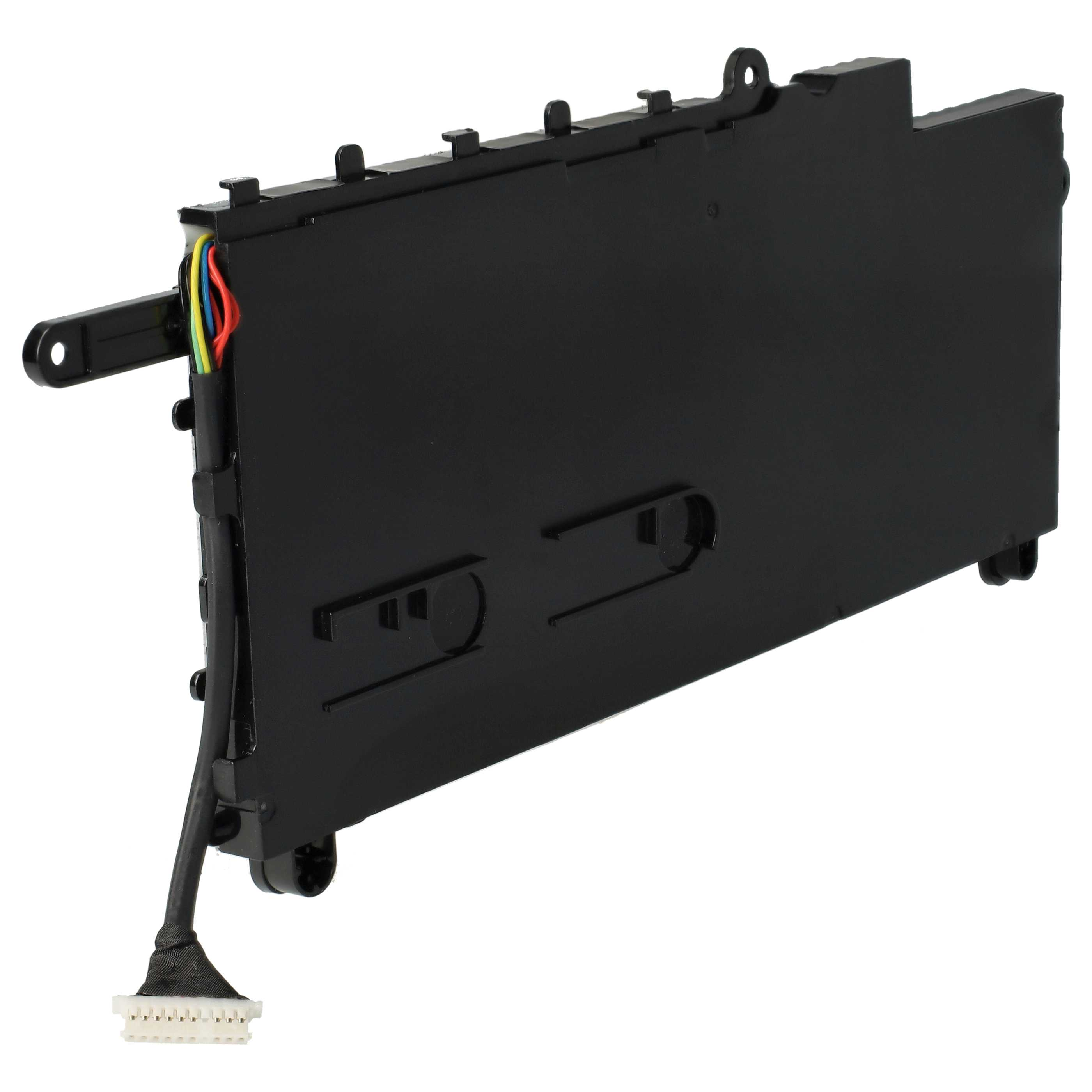 Schwarzes rechteckiges elektronisches Bauteil mit Drähten und einem Stecker. Der Hintergrund ist weiß.