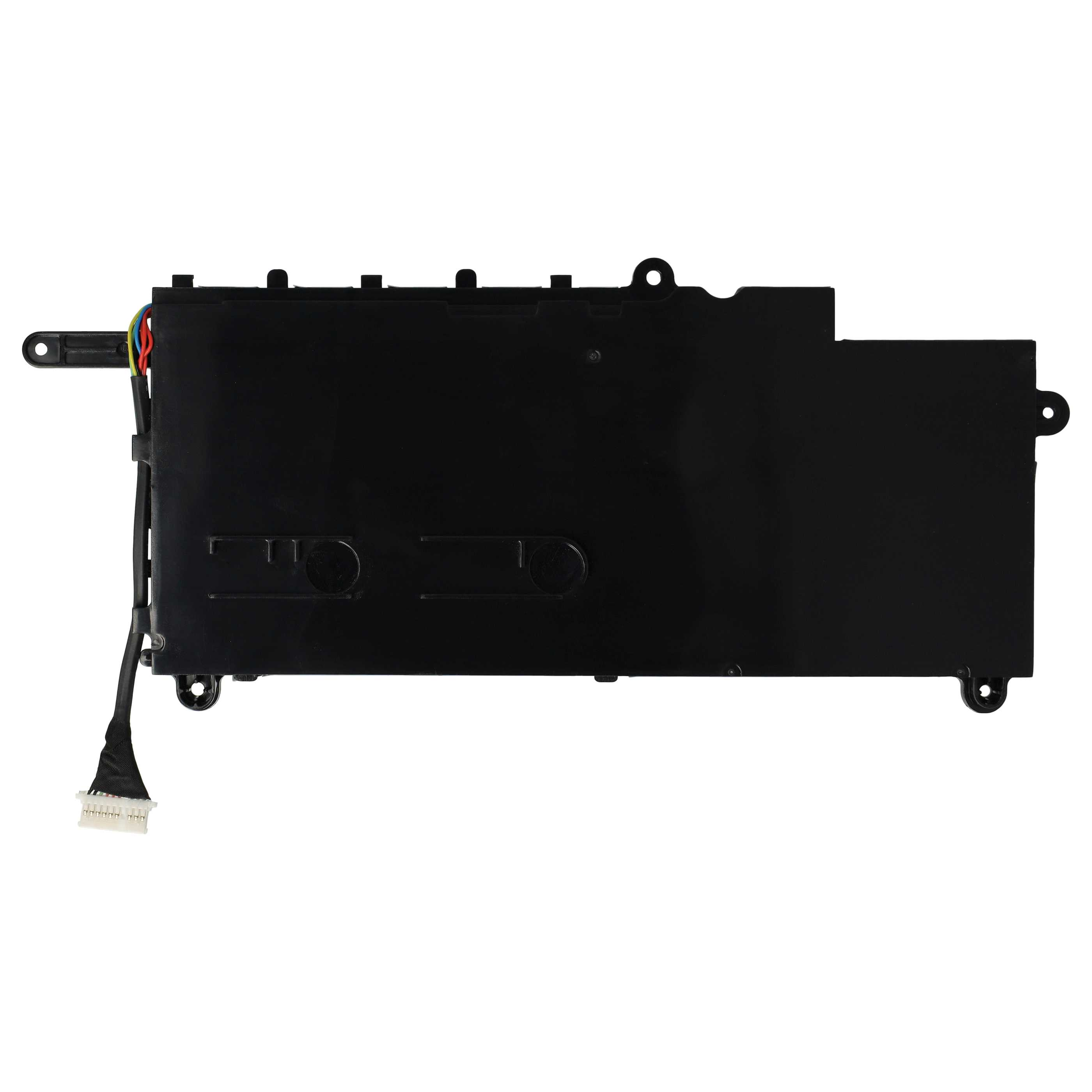 Schwarzer Laptop-Akku mit Kabeln und Stecker auf weißem Hintergrund. Der Akku ist rechteckig.