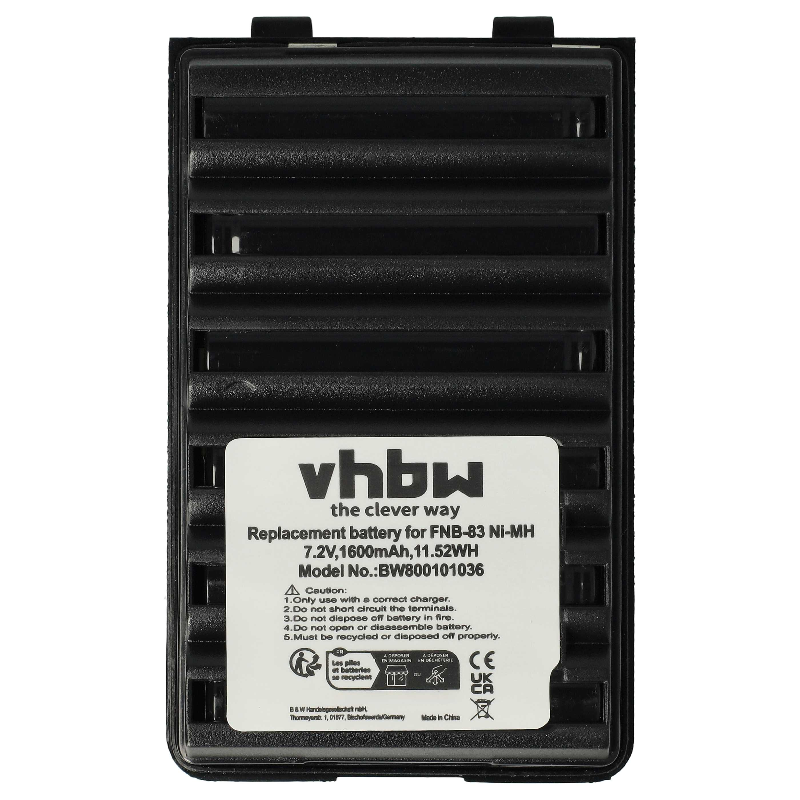 Schwarzer Akku mit weißem Text. Der Text enthält "vhbw", "Ersatzbatterie" und Warnhinweise. Die Batterie hat eine geriffelte Oberfläche.