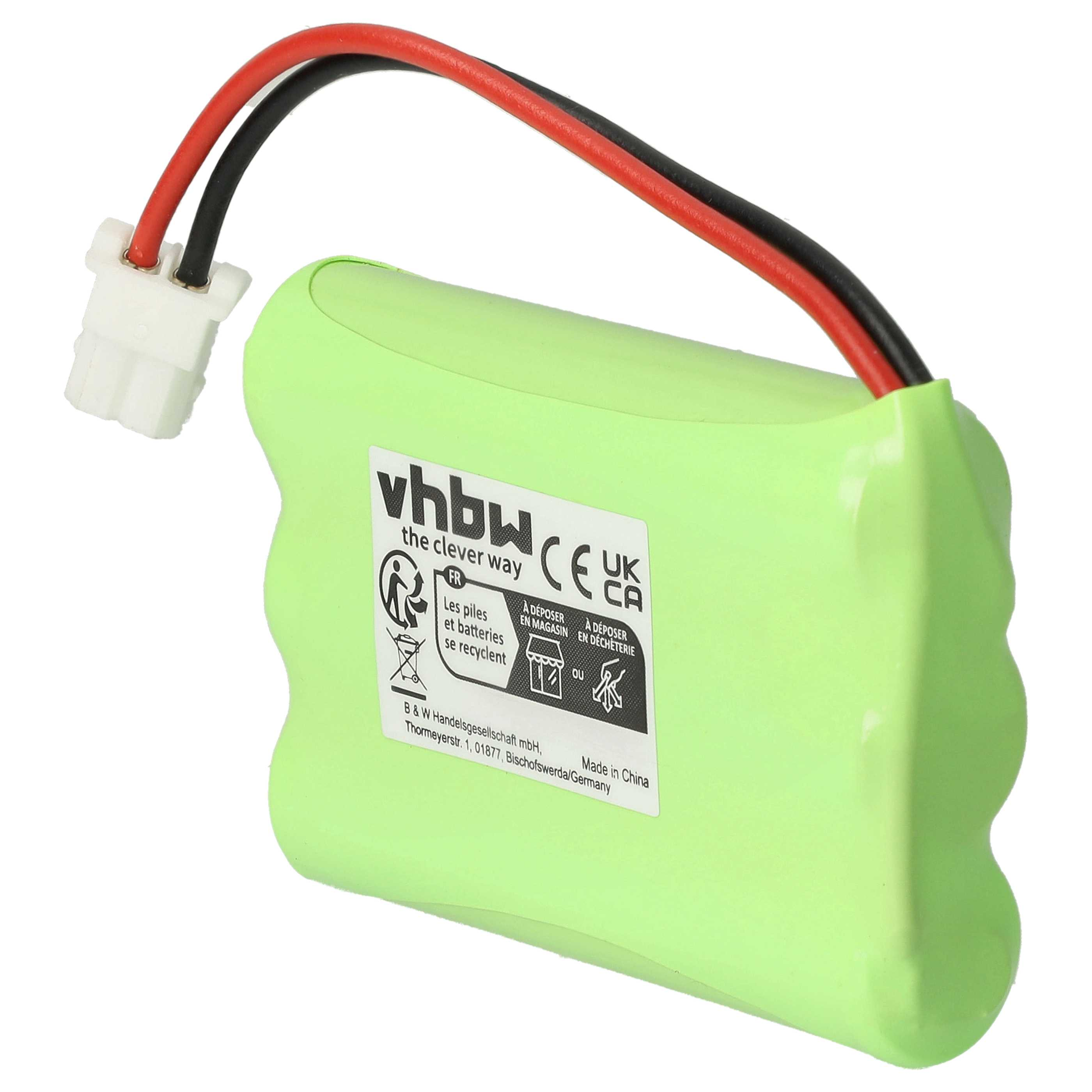 Ein hellgrüner Akku mit schwarzen und roten Drähten und einem weißen Stecker. Es hat Etiketten mit Text und Symbolen.